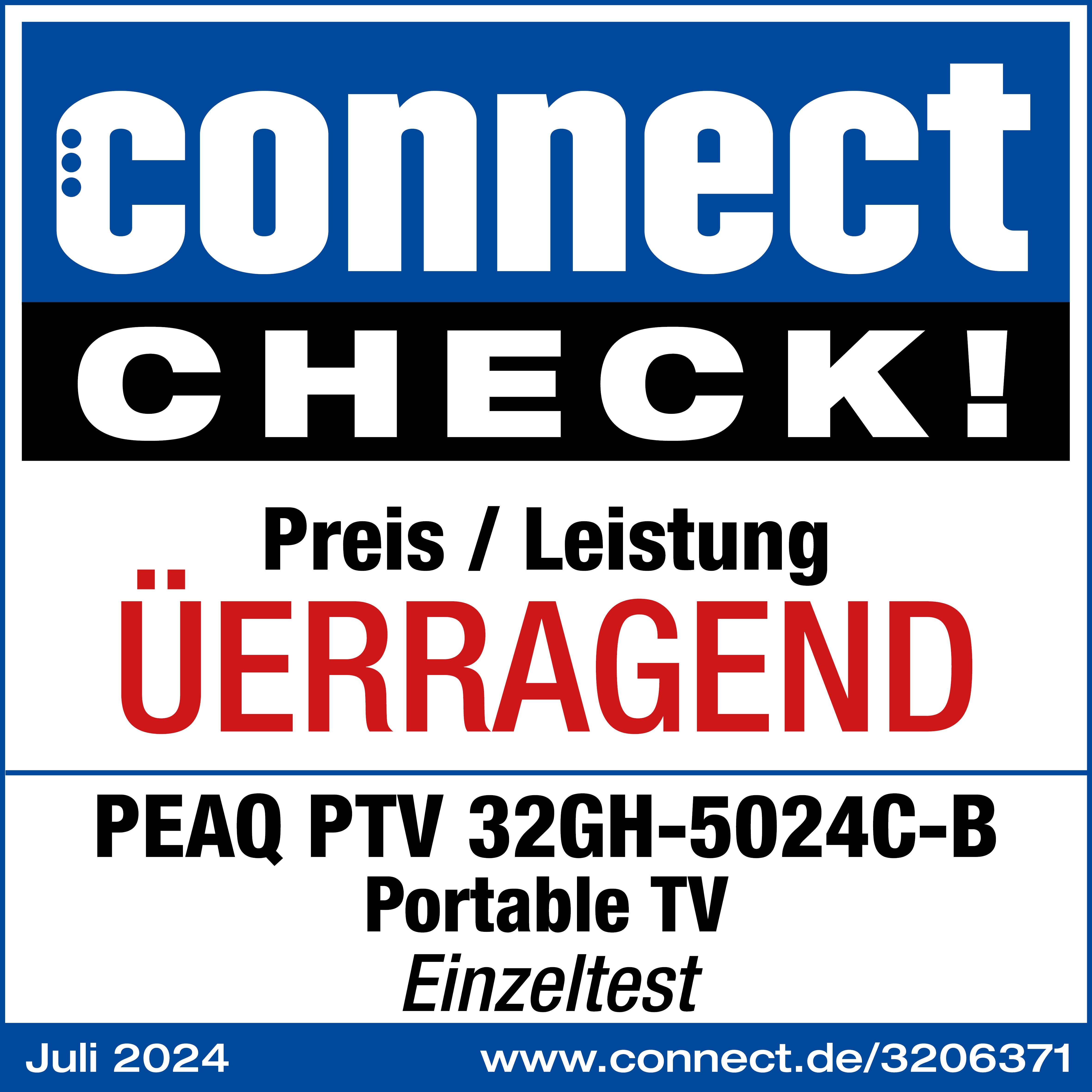 Ein connect CHECK!-Magazin-Cover, Text 'ÜBERRAGEND' und PEAQ PTV 32GH-5024C-B Portable TV-Werbung.