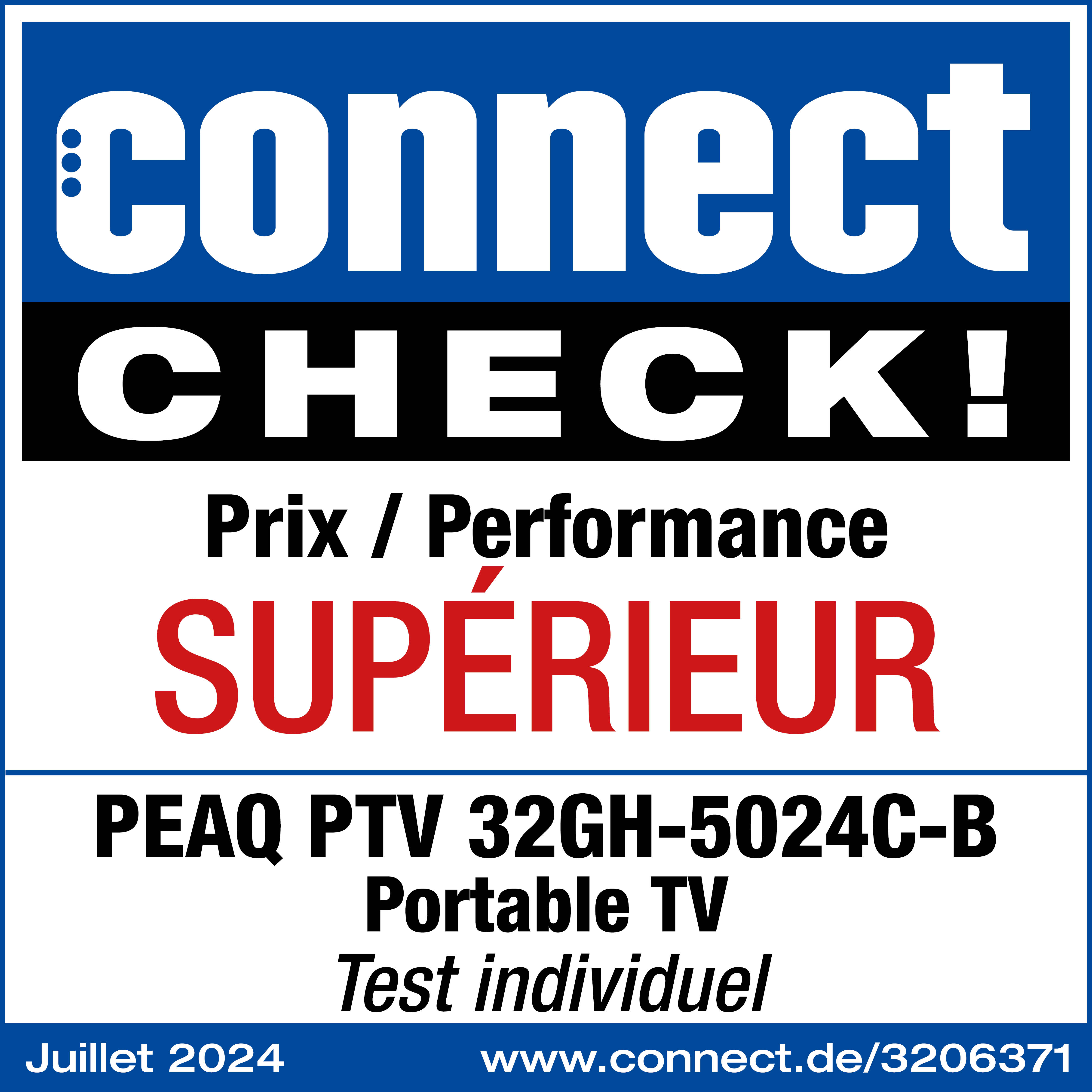 Connect Check!-Logo auf blauem Hintergrund. Text beinhaltet 'Prix / Performance' und 'SUPERIEUR'.
