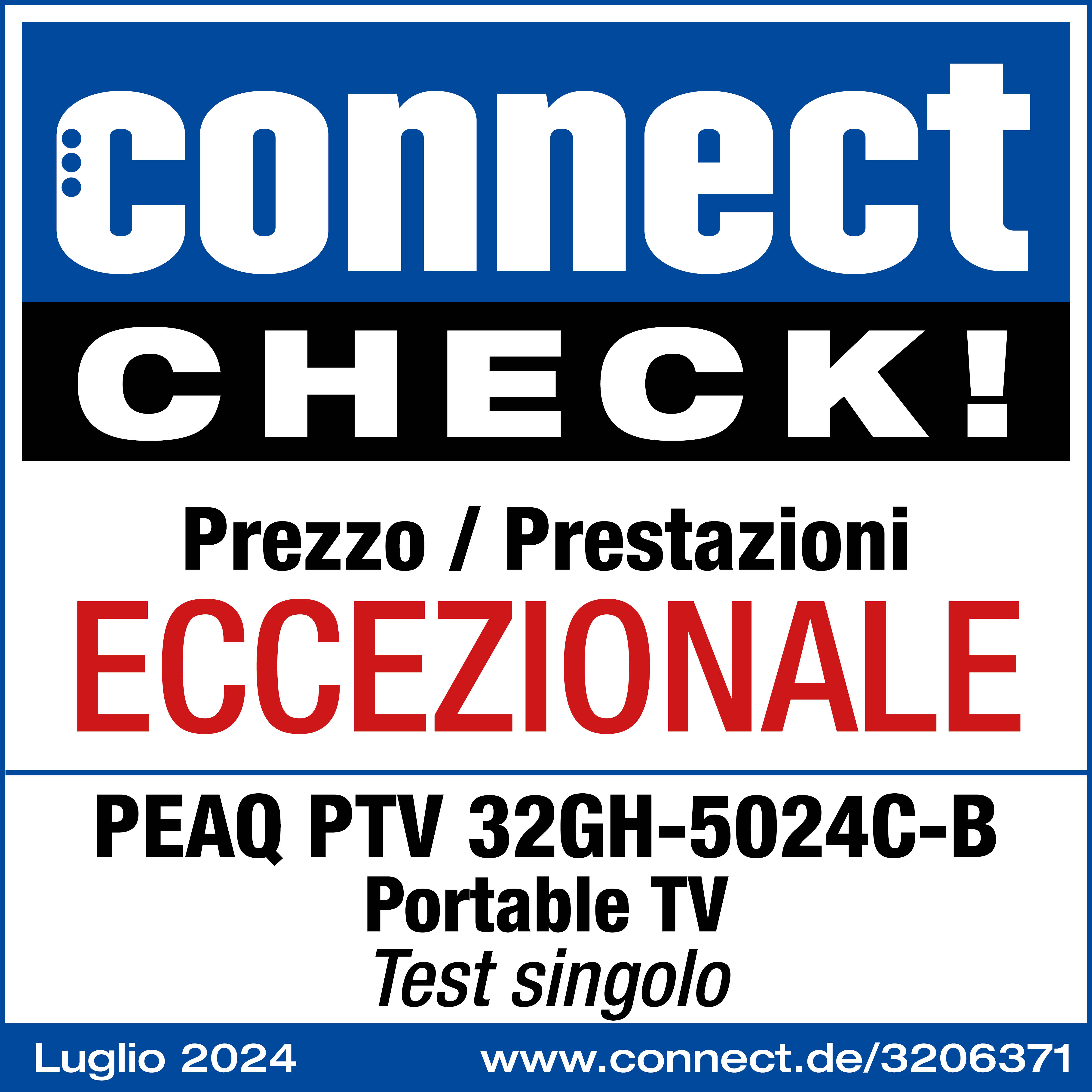 Ein Poster mit den Worten 'connect CHECK!'. Text auf Italienisch: Preis/Leistung Außergewöhnlich.