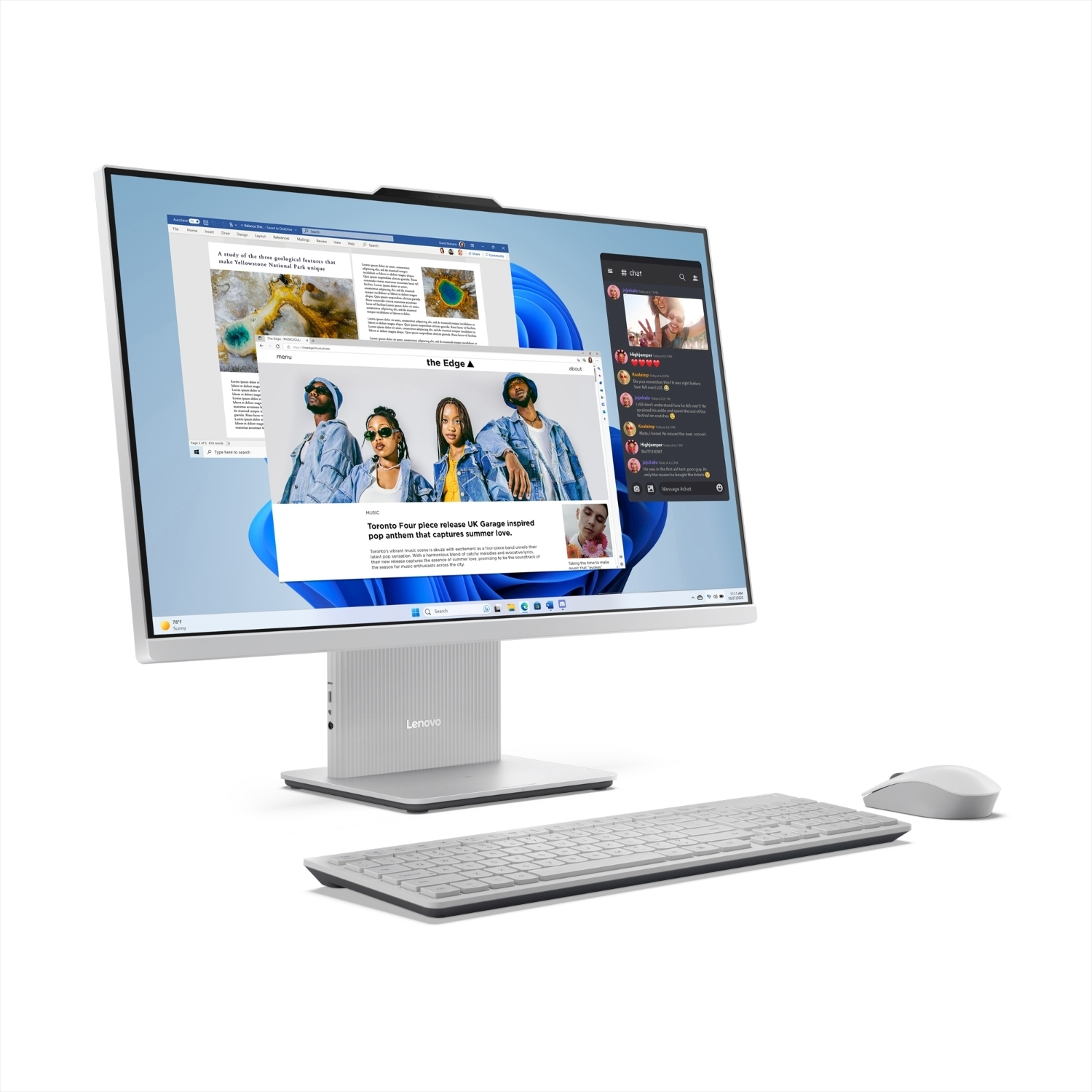 Desktop Lenovo bianco all-in-one, tastiera, mouse e schermo che mostra pagine web.