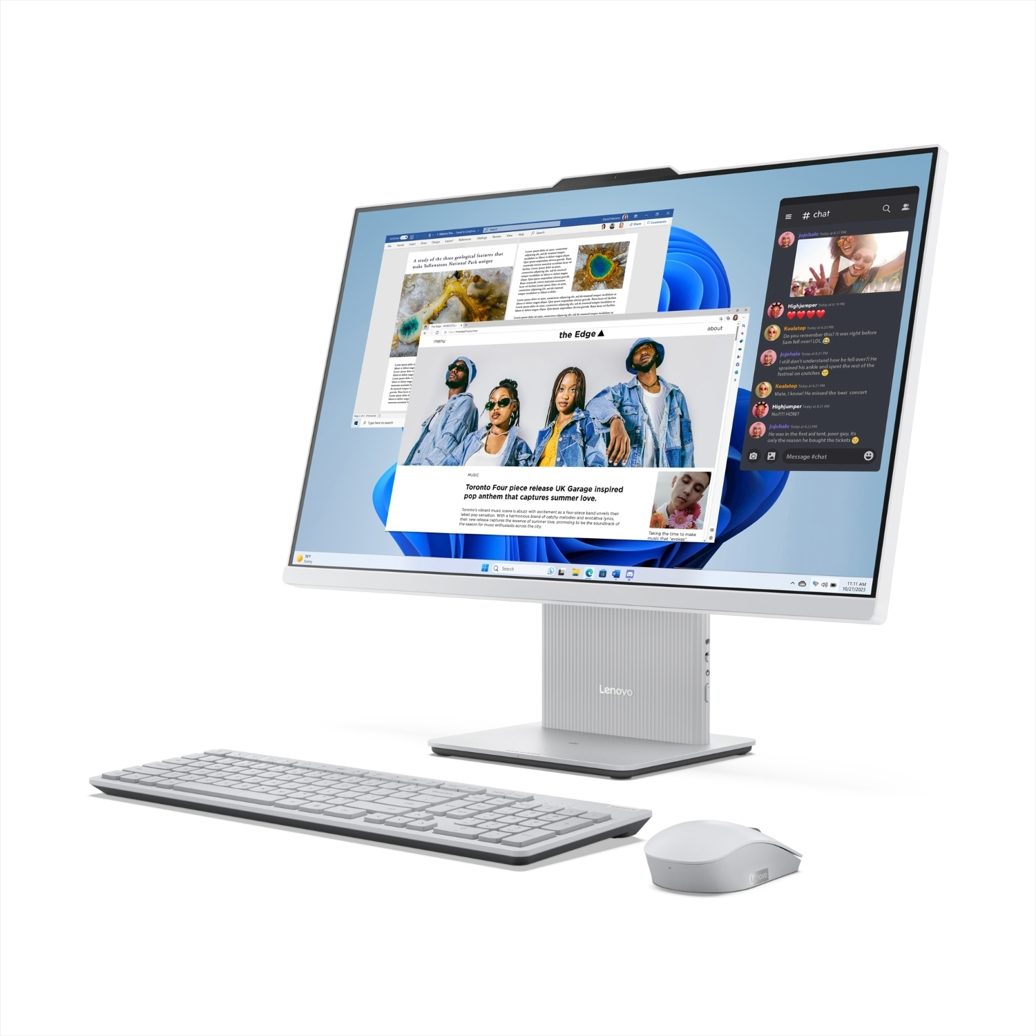 Computer all-in-one bianco con tastiera e mouse. Lo schermo mostra un sito web e una finestra di chat.