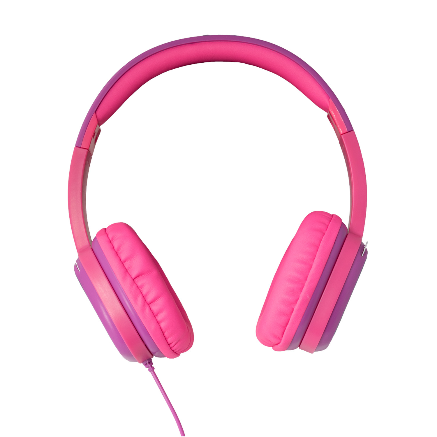 Casque rose avec des accents violets, isolé sur blanc.