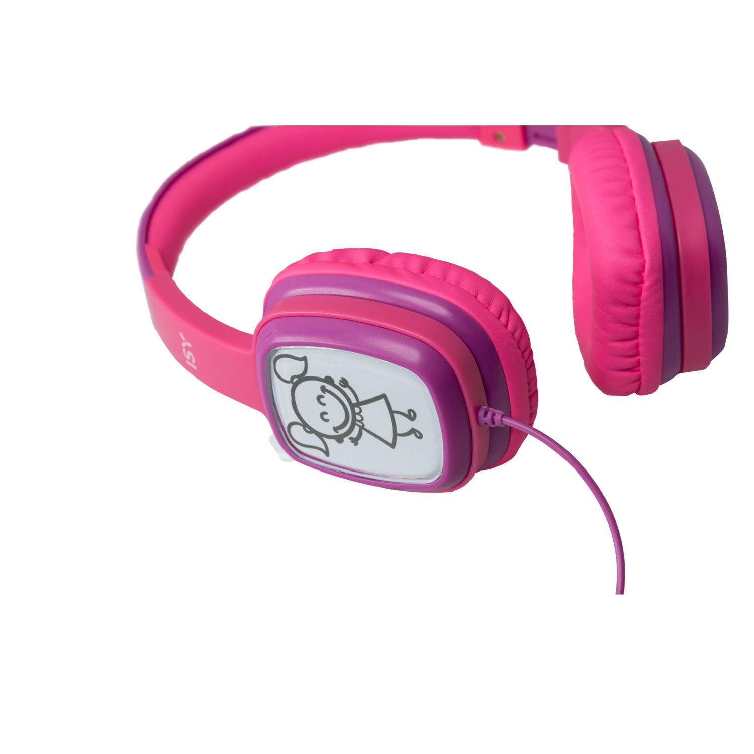 Casque pour enfants rose et violet avec un dessin sur l'oreillette. Le câble est rose.
