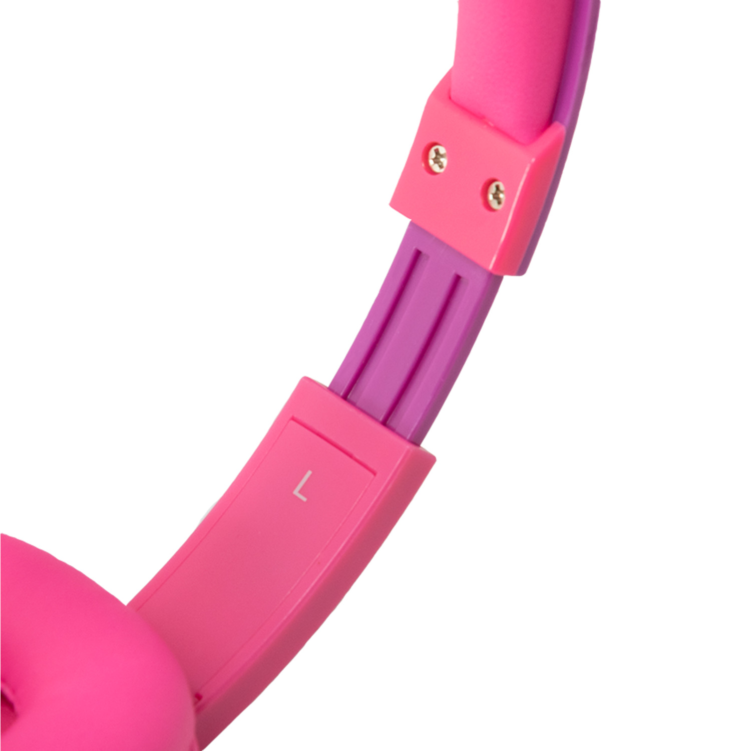 Casque rose et violet. Le côté gauche montre un L, avec trois vis.