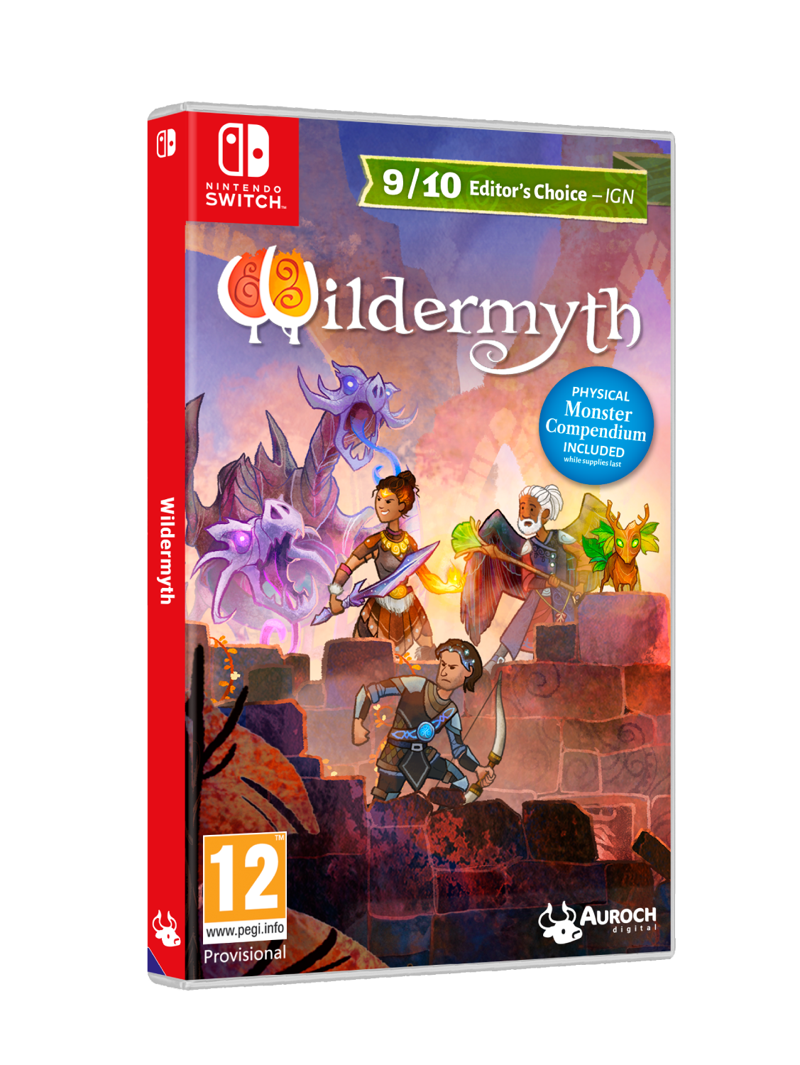 Caja del juego Wildermyth sobre un fondo negro. Presenta personajes y una calificación de 9/10 Editor's Choice.