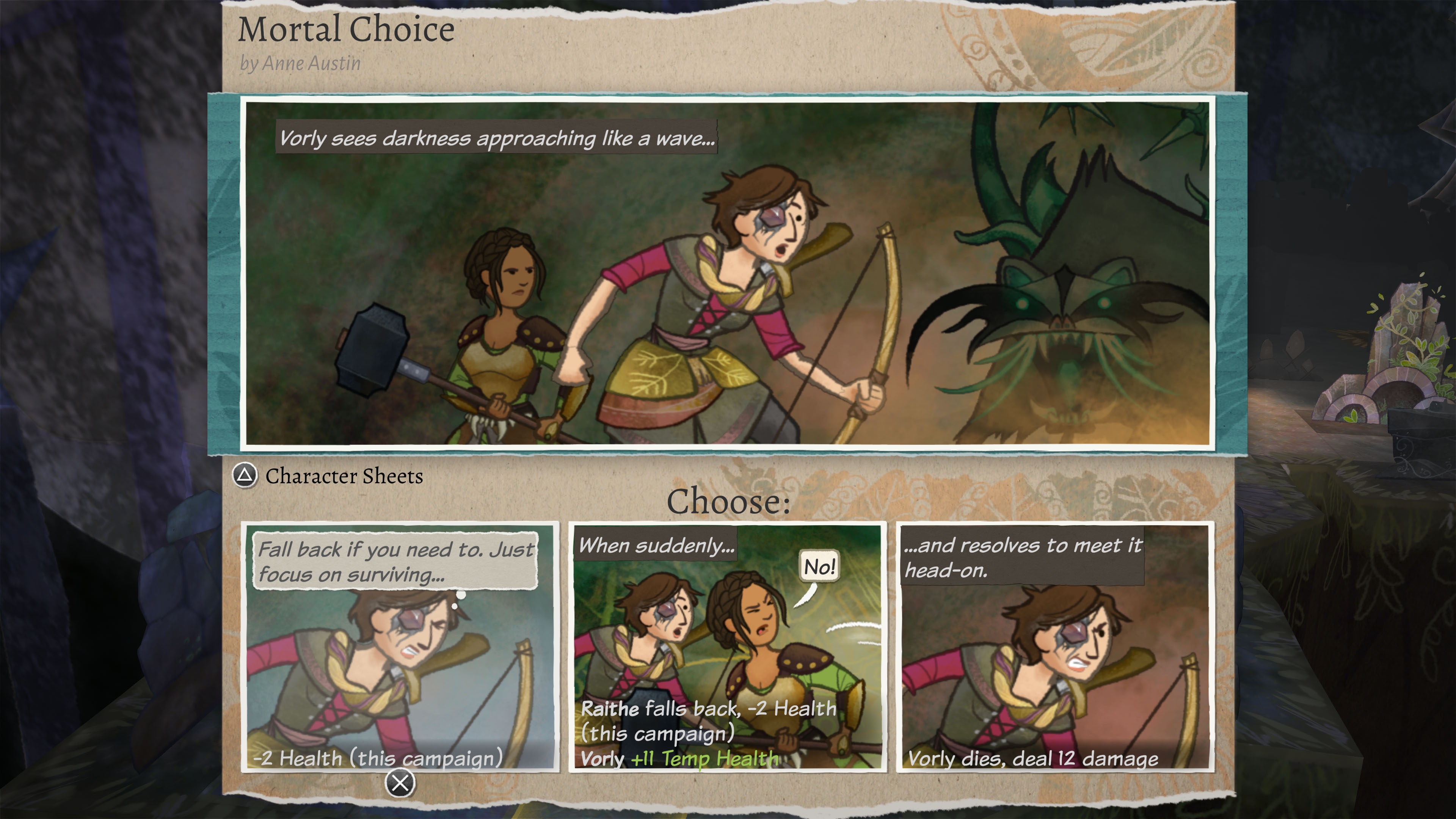 Una escena de juego con tiras cómicas que muestran elecciones y resultados de personajes, con bocadillos.