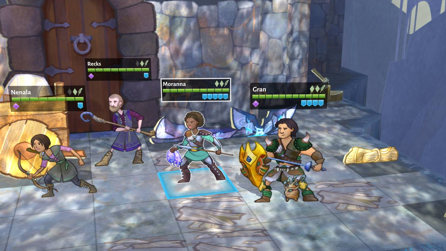 Grupo de personajes en un juego de fantasía, listos para la batalla.
