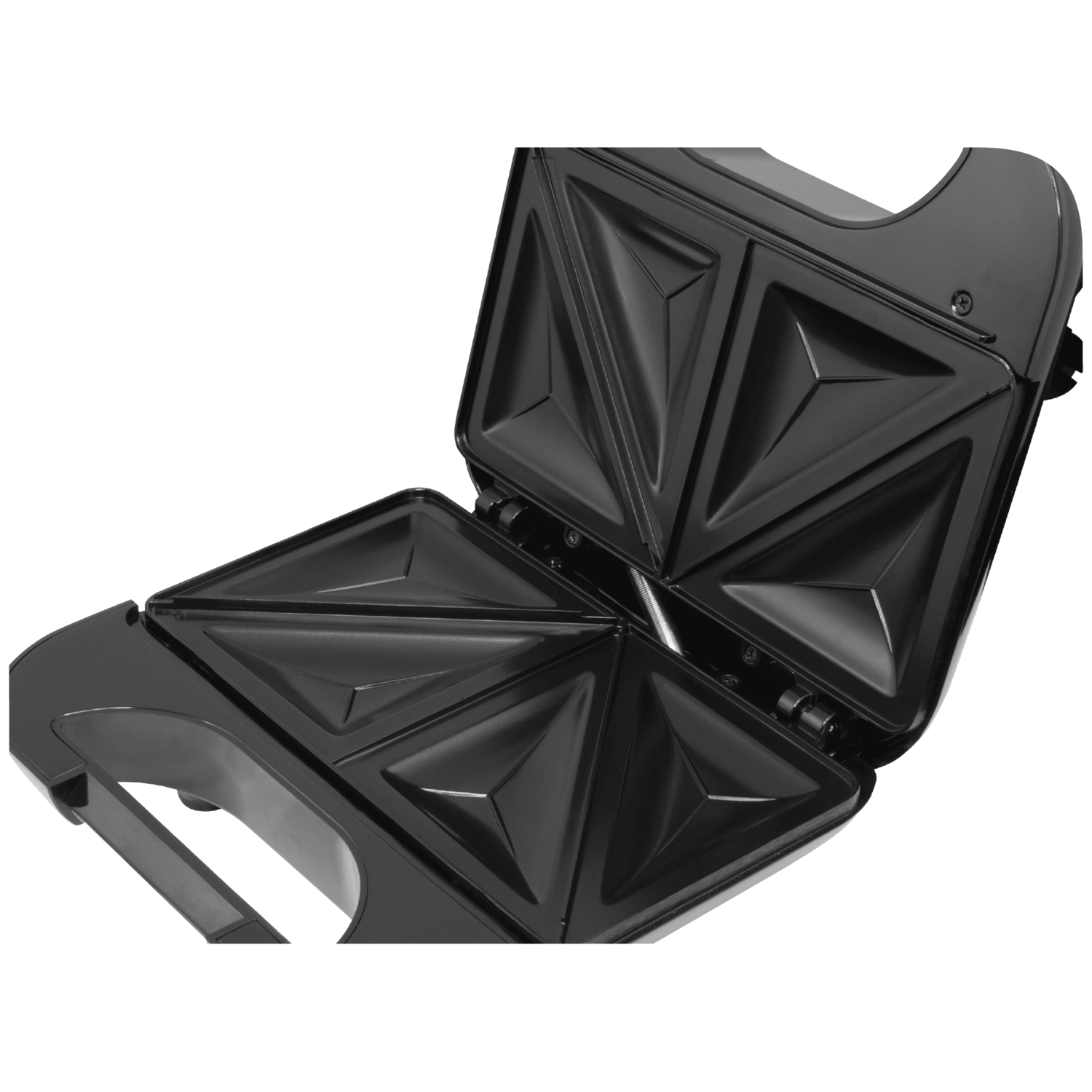 Black, open sandwich maker with triangular cooking plates.