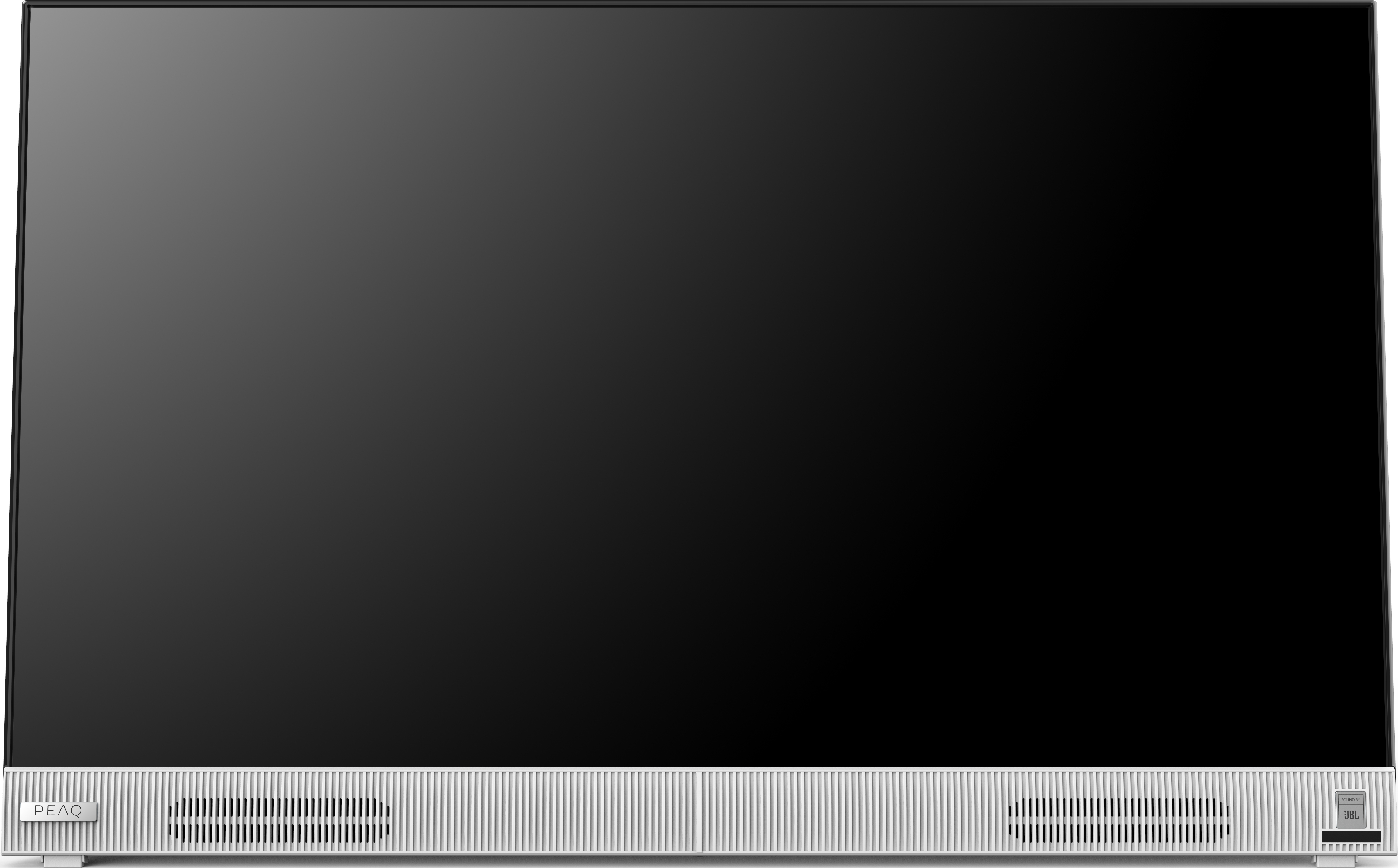 Flachbildfernseher mit schwarzem Display und silberner Basis.