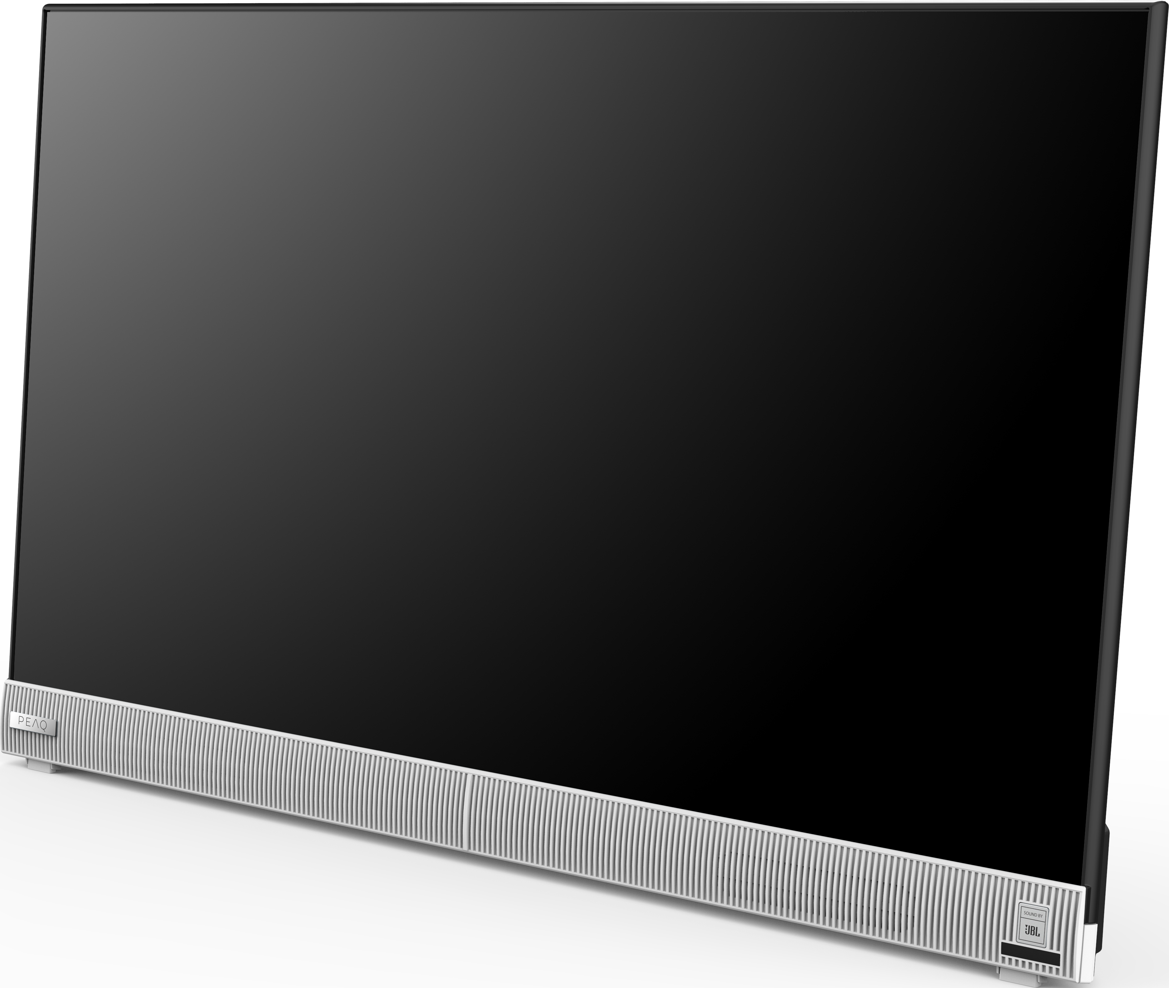 Großer, schwarzer, gebogener Fernseher mit silberner Soundbar unten.