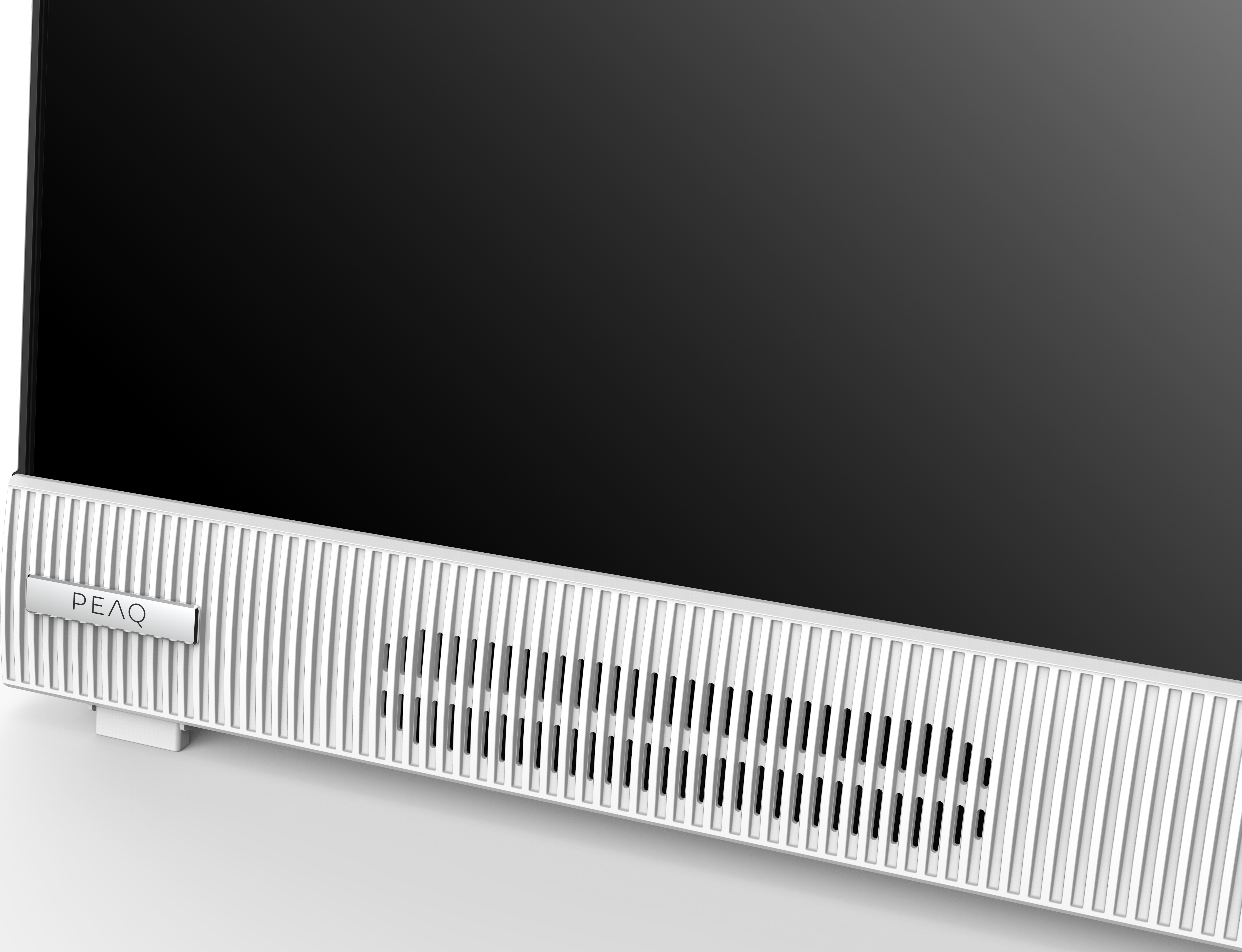 Eine weiße Soundbar mit schwarzem Bildschirm und silbernem Logo.