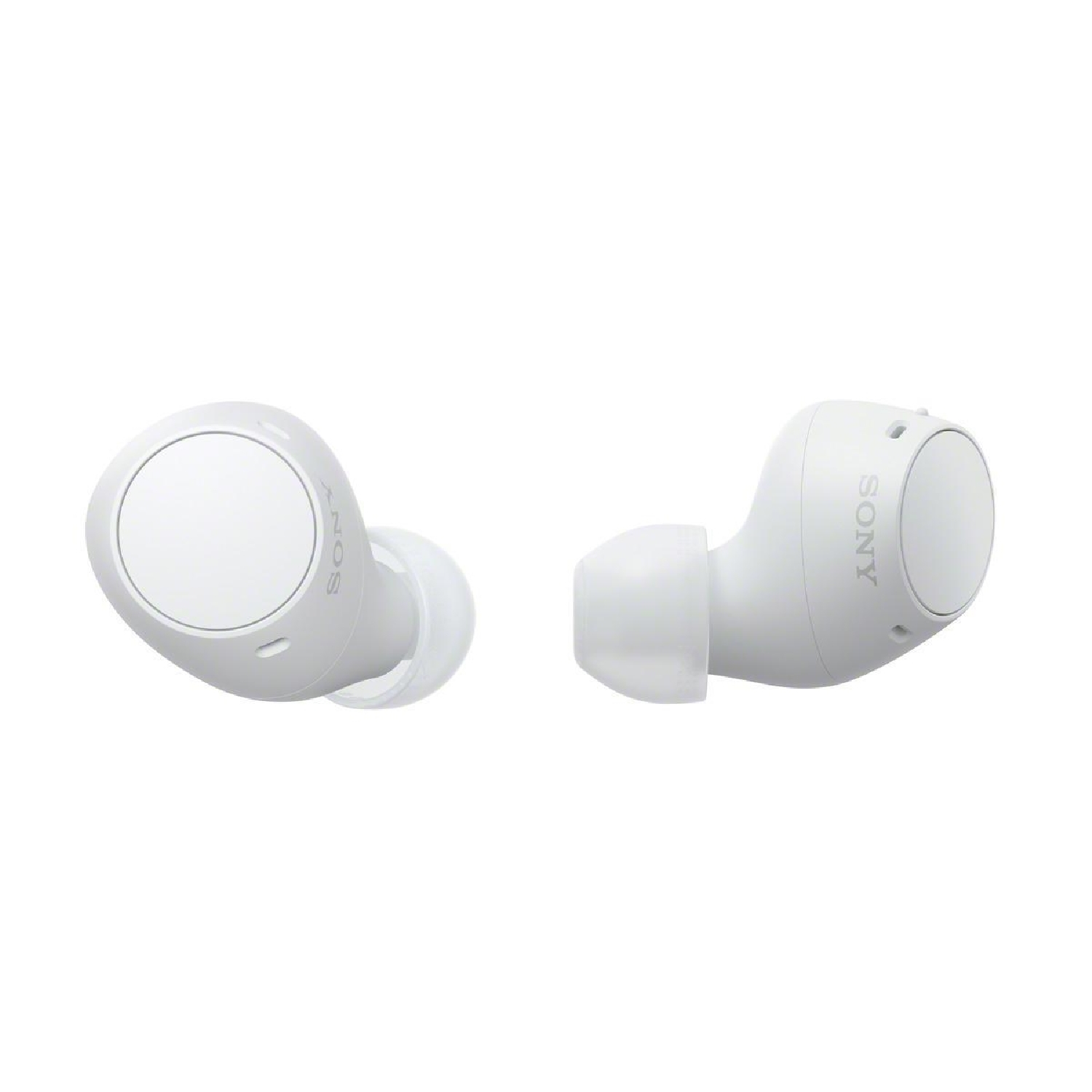 Due auricolari wireless bianchi, uno con il logo Sony.