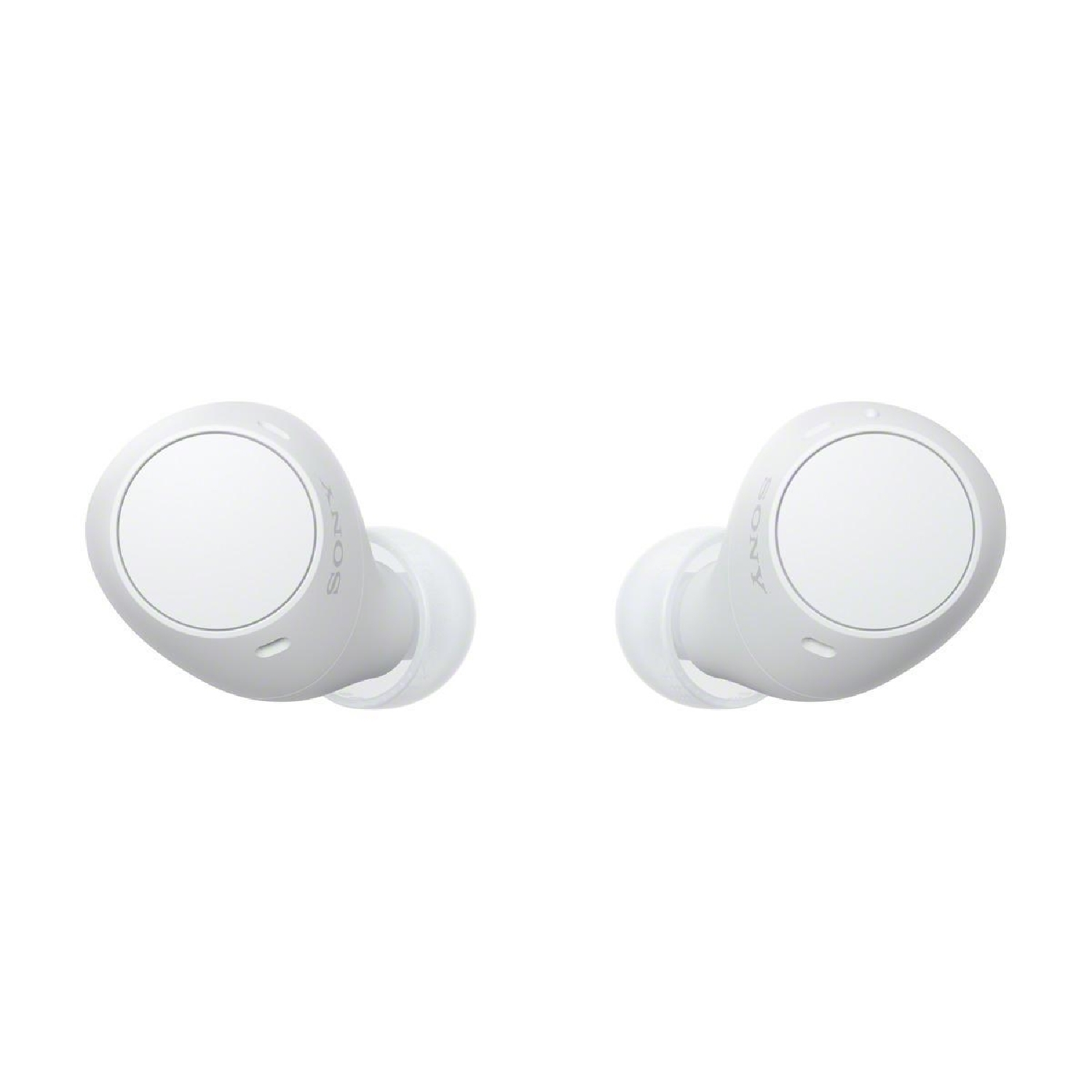 Primo piano di auricolari wireless bianchi su sfondo bianco.