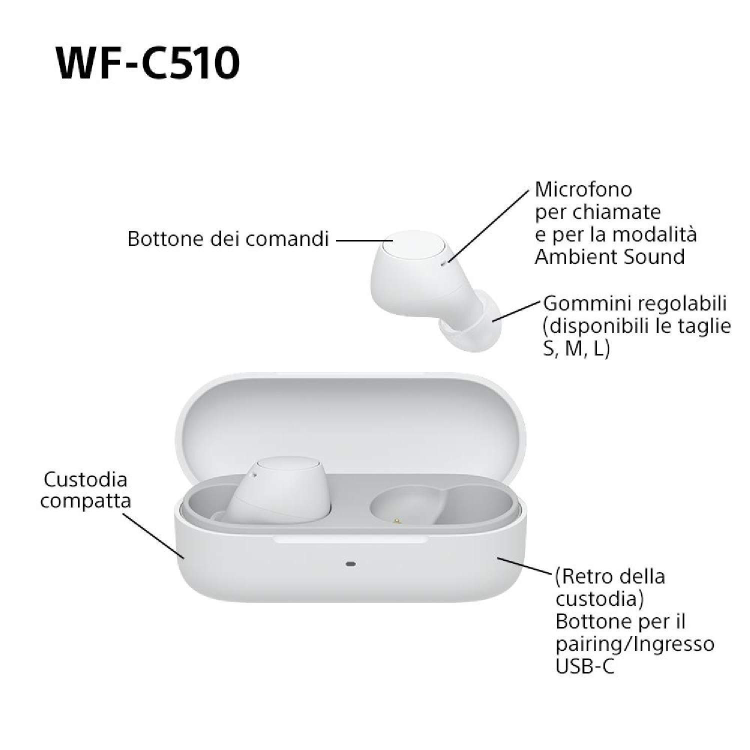 Auricolari e custodia di ricarica bianchi Sony WF-C510, che mostrano i dettagli degli auricolari con etichette di testo in italiano.