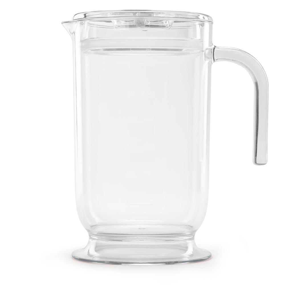Klarer Glaskrug mit Deckel und Griff. Messlinien sind an der Seite sichtbar.