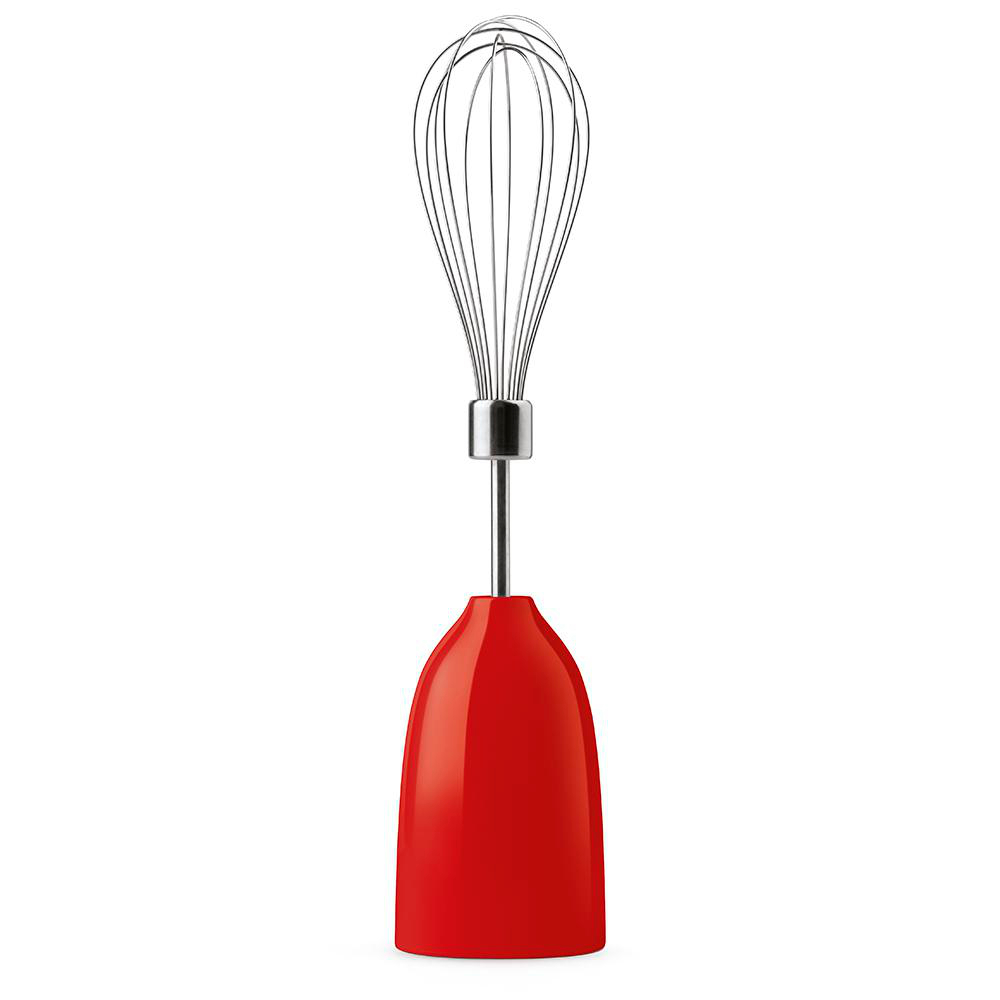 Roter Handmixer mit Schneebesenaufsatz aus Edelstahl, weißer Hintergrund, Produktaufnahme.