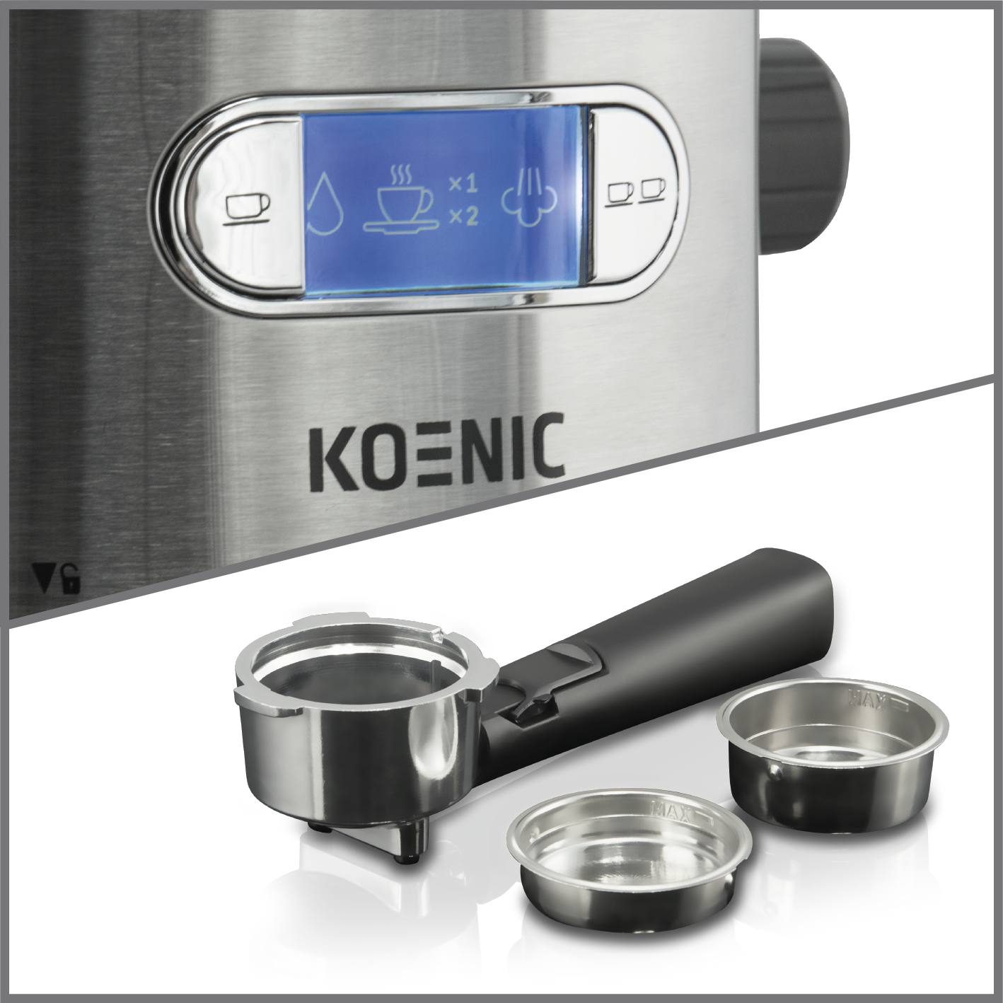 Zbliżenie ekspresu do kawy Koenic z kolbą i akcesoriami.