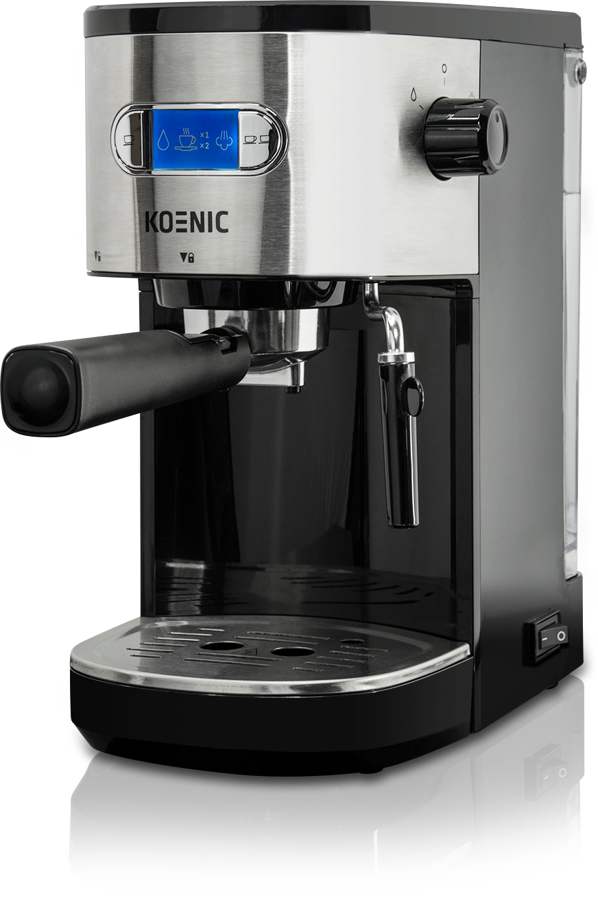 Czarny i srebrny ekspres do espresso Koenic z czarnym uchwytem i cyfrowym wyświetlaczem.