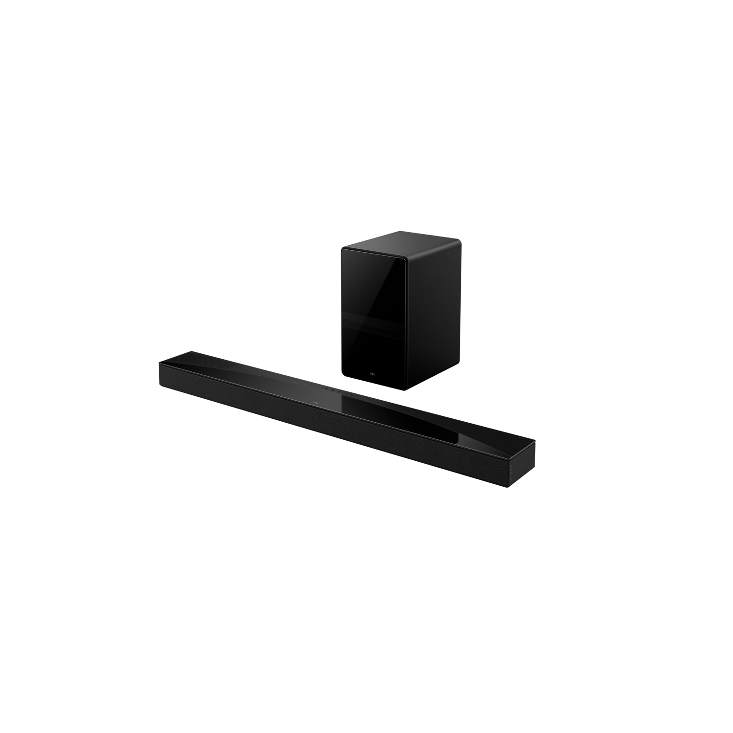 A black soundbar and subwoofer on a black background.