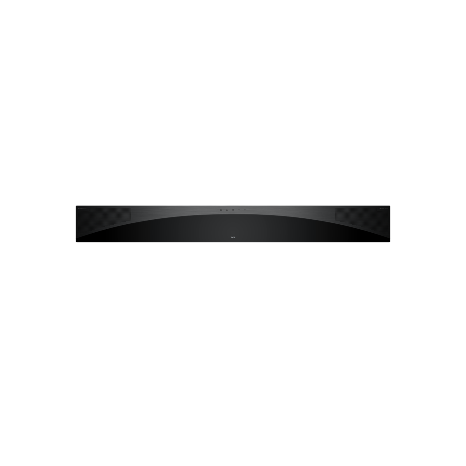 A black soundbar. Rectangular shape with a curved top and small lights.