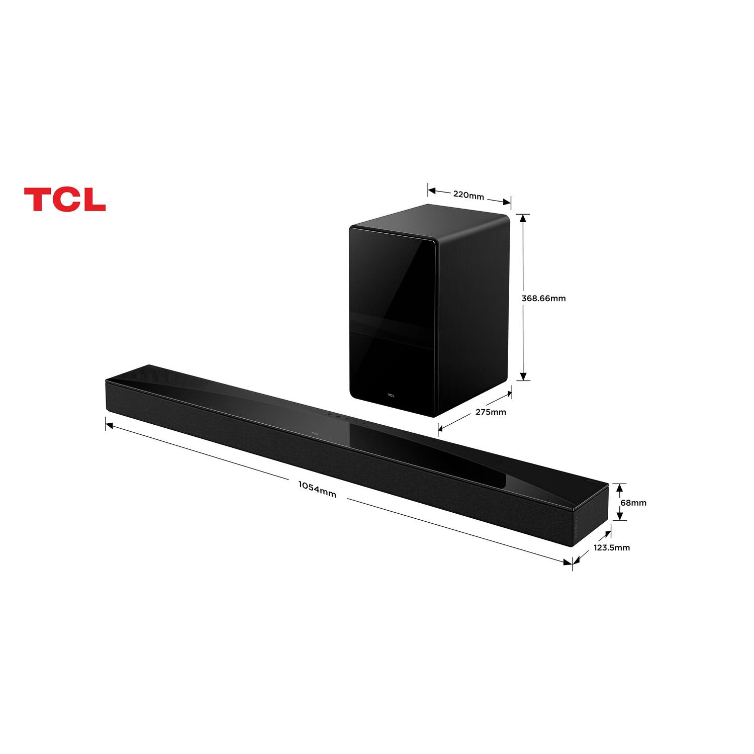 Black soundbar and subwoofer, dimensions shown, with the TCL logo on the left.