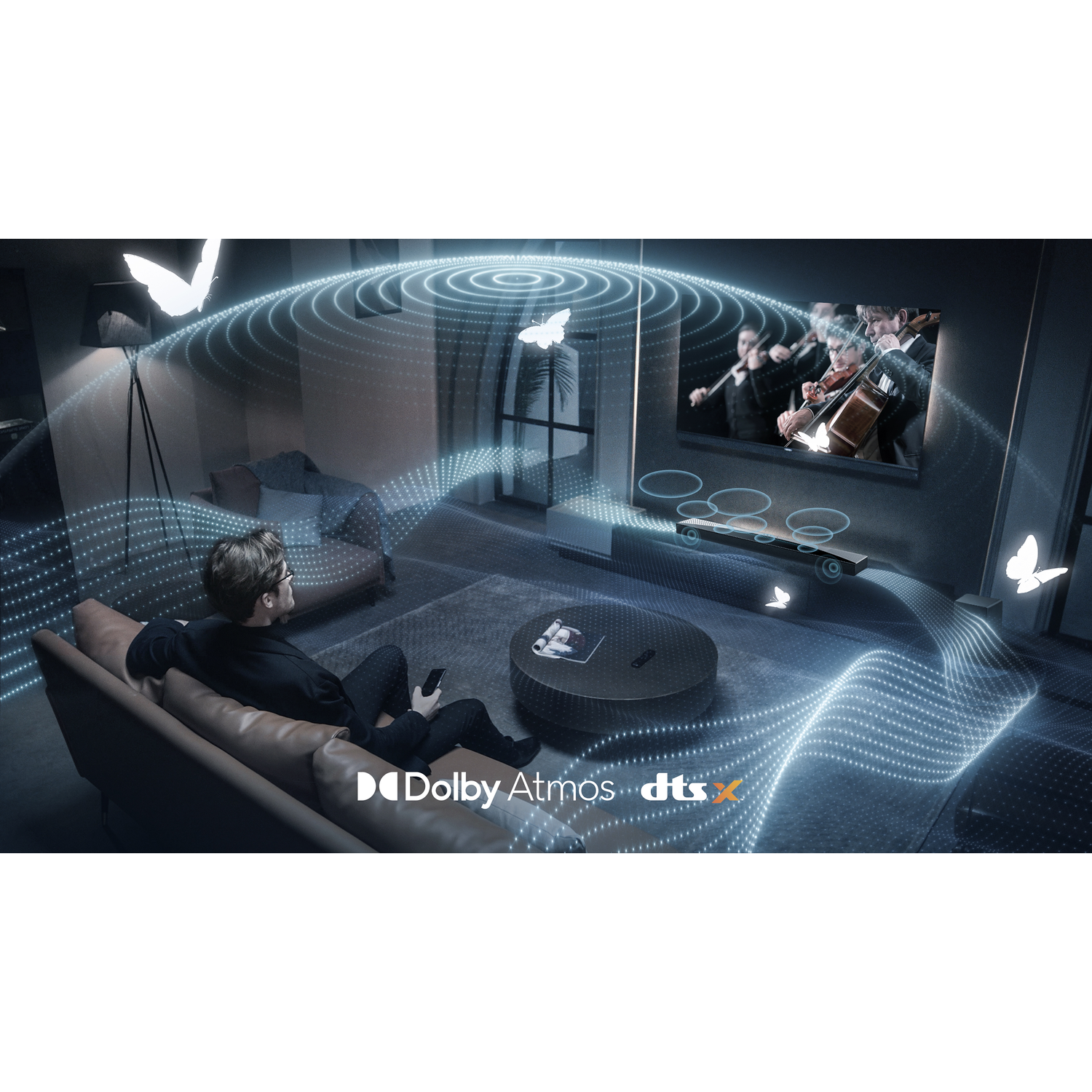 Living room scene. Man on sofa watching TV. Projected blue light effects and butterflies.