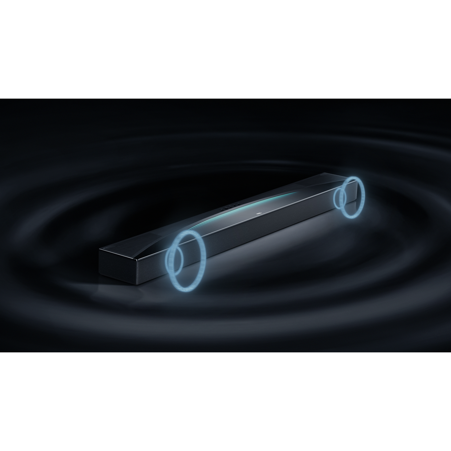 A black soundbar on a dark surface with two blue sound wave icons.