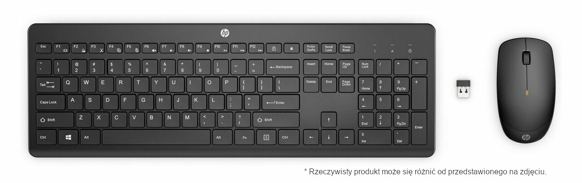 Czarna klawiatura i mysz HP, z odbiornikiem USB, na białym tle.
