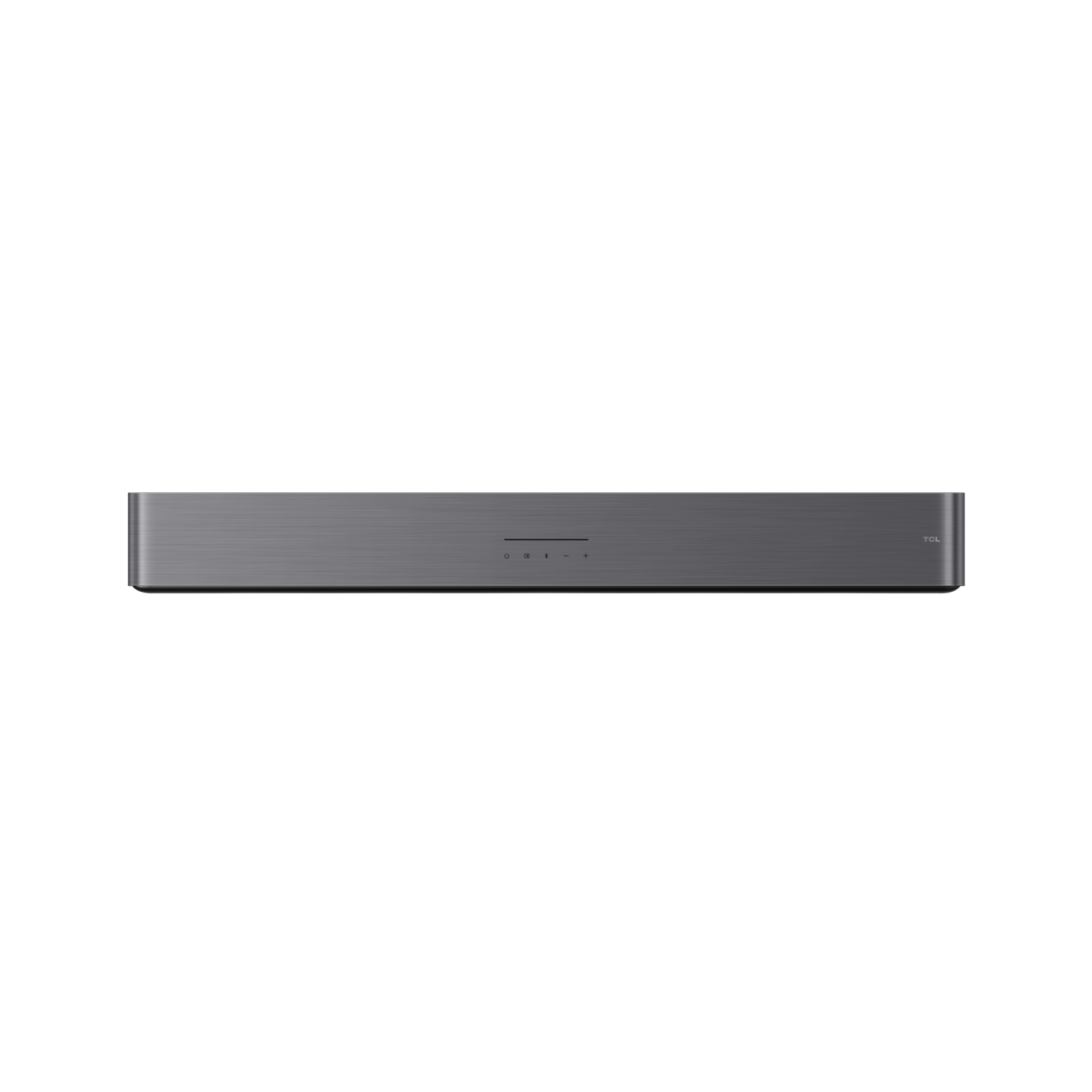 A dark gray soundbar with the TCL logo, against a black background.