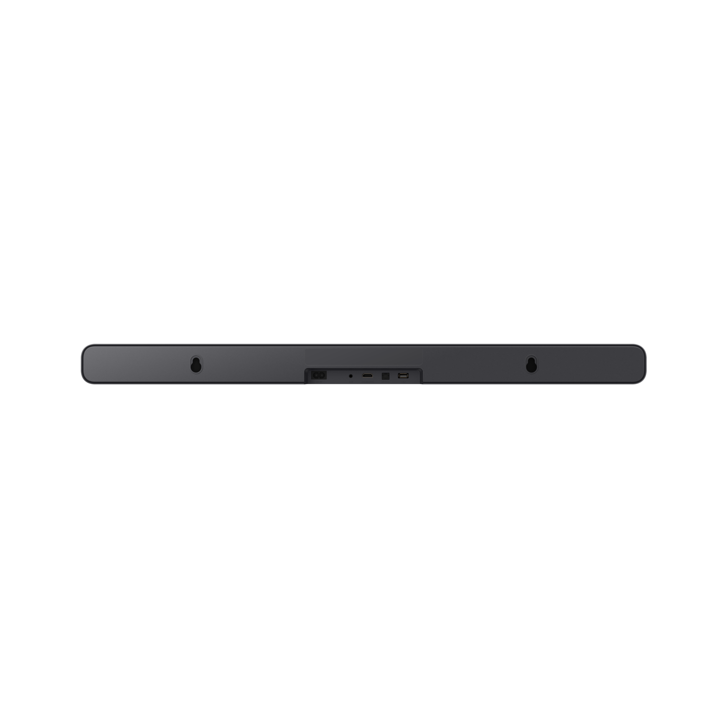 A long, black soundbar on a black background. It has connection ports.