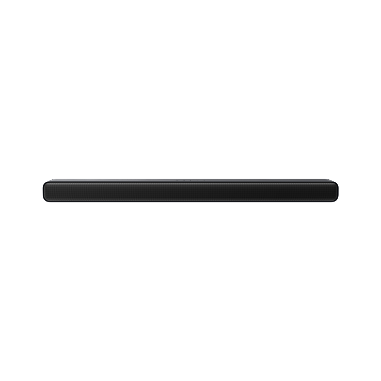 A black soundbar with a mesh grill, isolated on a black background.