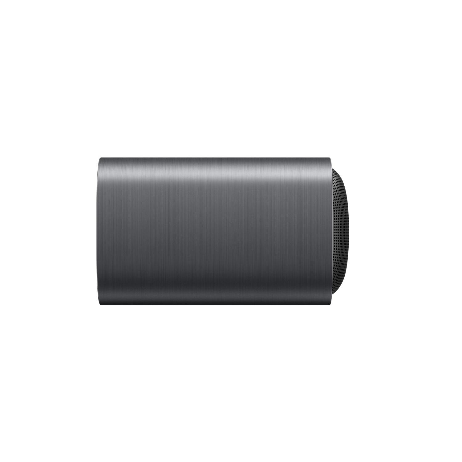 Silver rectangle, top view. A speaker with a mesh side on a black background.