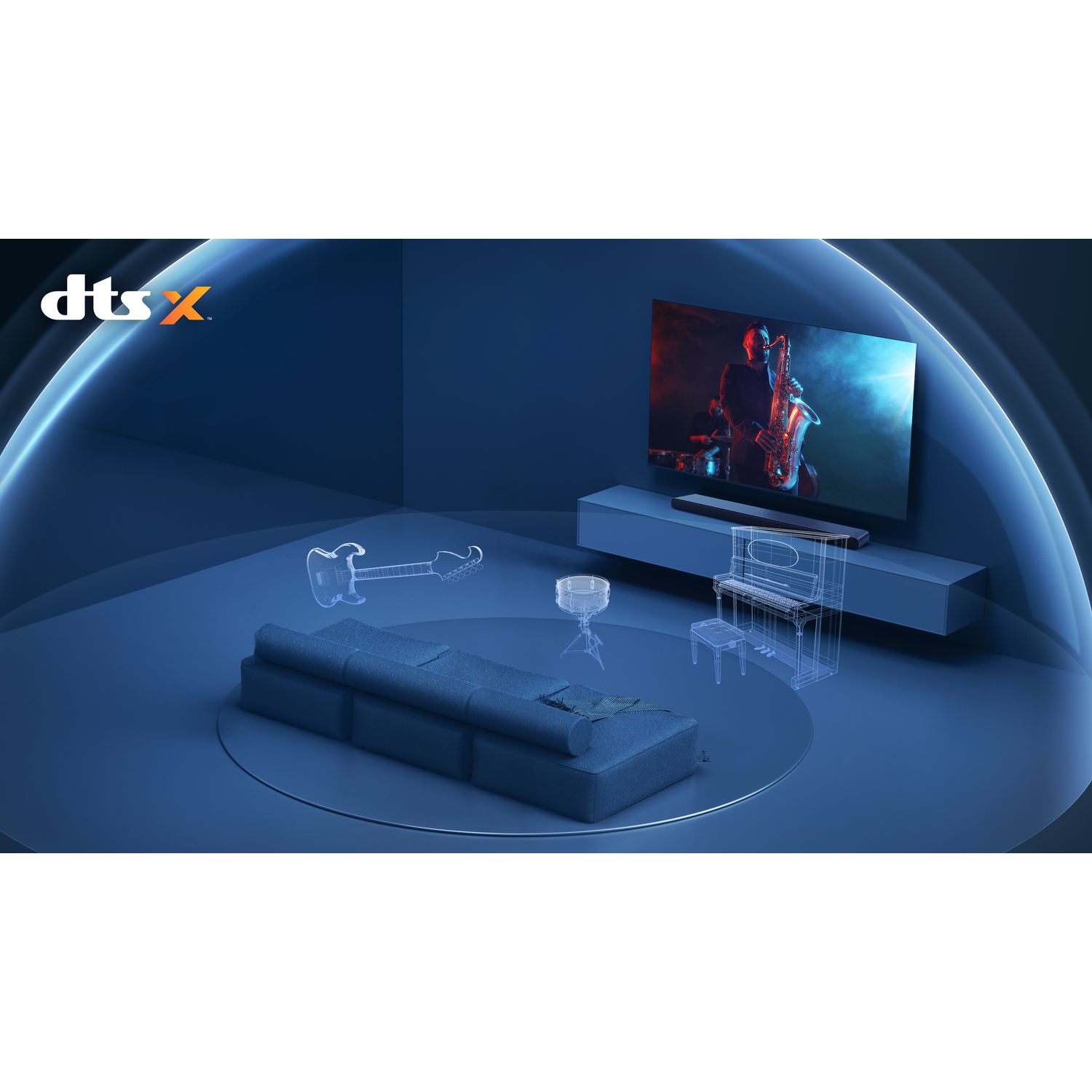 A room with a TV, sofa, and piano. A graphic of instruments is on the left. Blue and white.