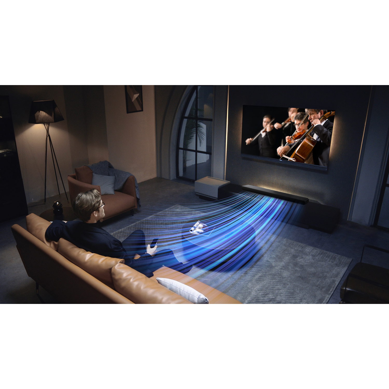 Living room with a TV displaying a string quartet. A man sits on a sofa with a remote. Blue lines emanate.