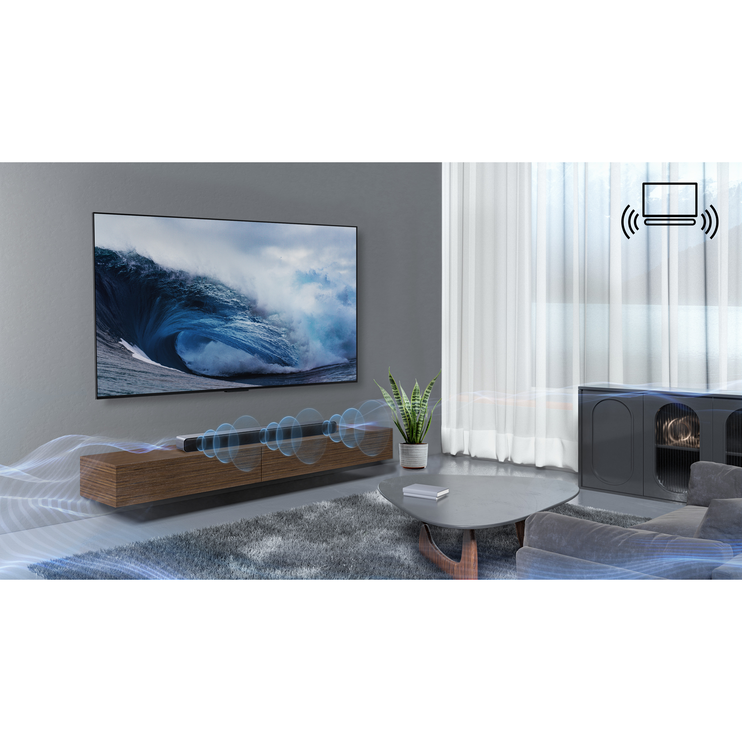 Living room setup with a TV above a wooden cabinet, soundbar and a plant.