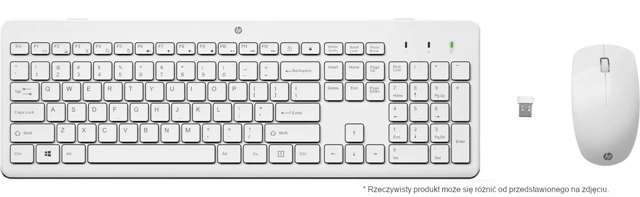 Biała klawiatura HP, mysz i odbiornik USB na białym tle.