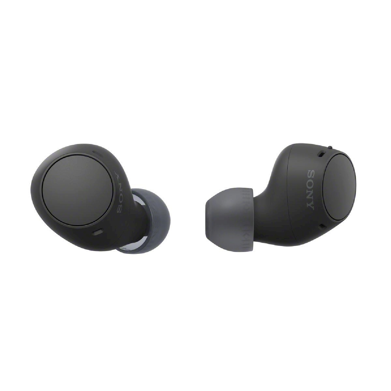 Paio di auricolari wireless neri. Uno mostra la punta dell'auricolare.