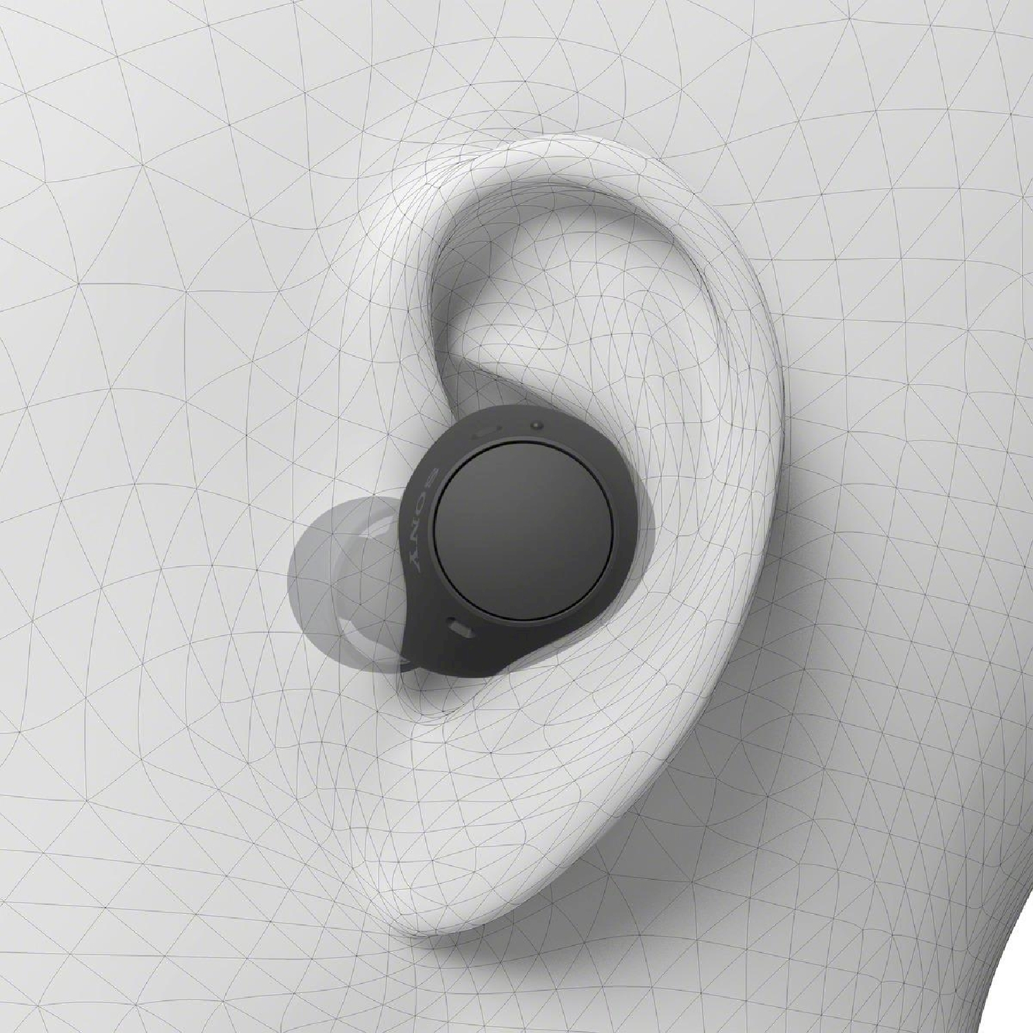 Auricolare nell'orecchio, reticolo bianco delinea l'orecchio. Auricolare grigio a fuoco.
