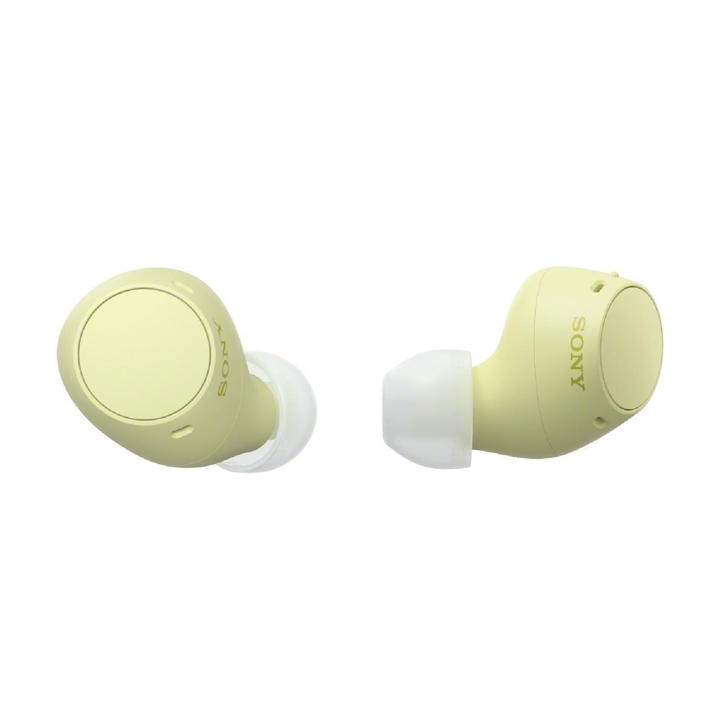 Due auricolari wireless Sony gialli con punte bianche, isolati su sfondo bianco.