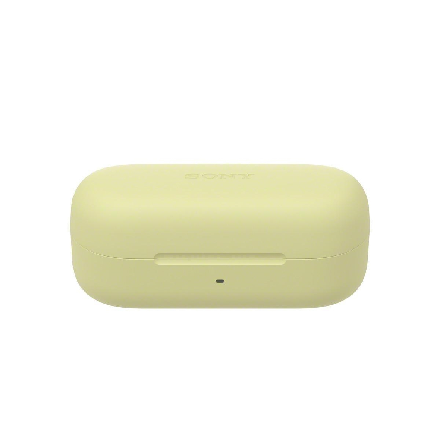 Custodia di ricarica per auricolari wireless gialli, chiusa e su una superficie bianca.