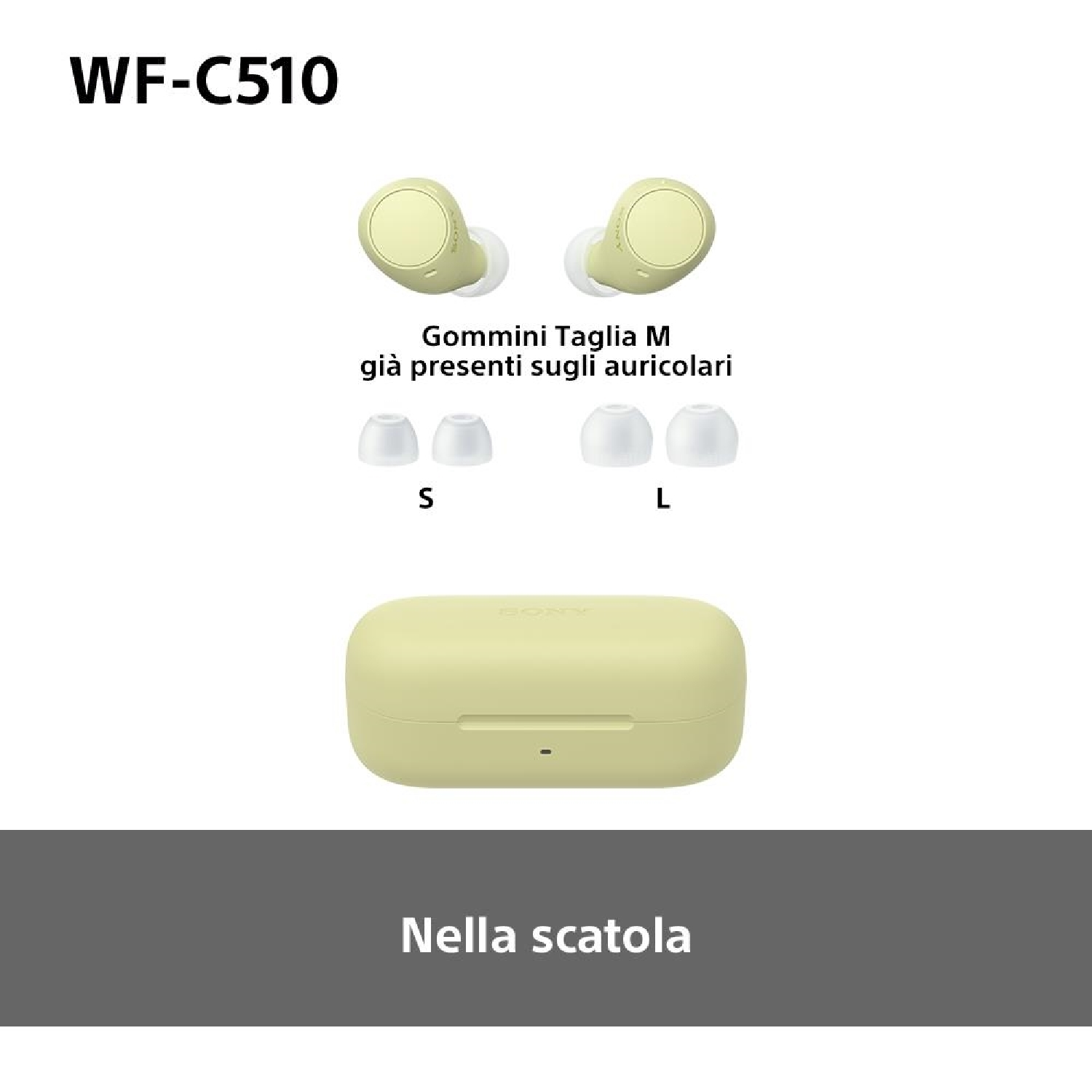 Auricolari WF-C510 con auricolari extra e custodia di ricarica, tutto in bianco.