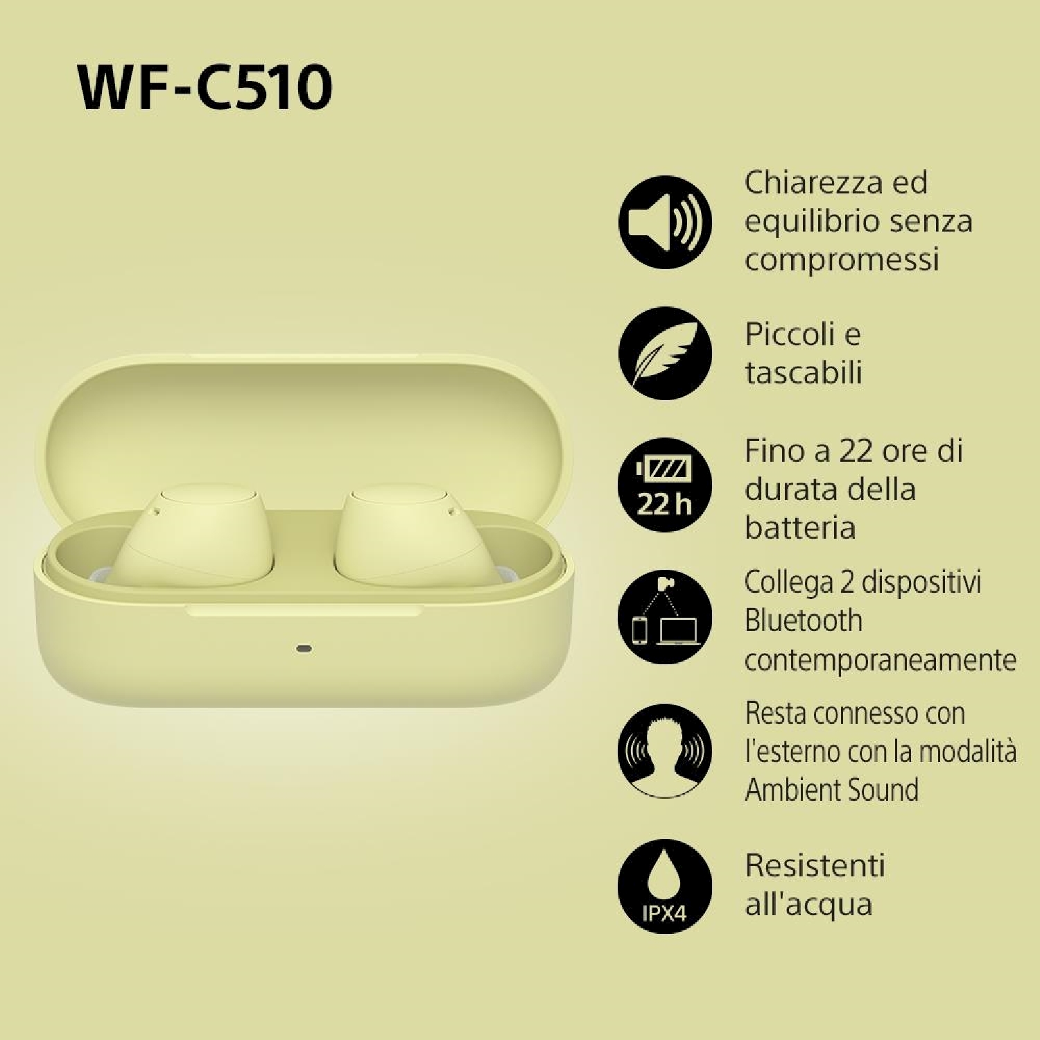 Auricolari wireless gialli in una custodia. Testo sulle funzionalità.