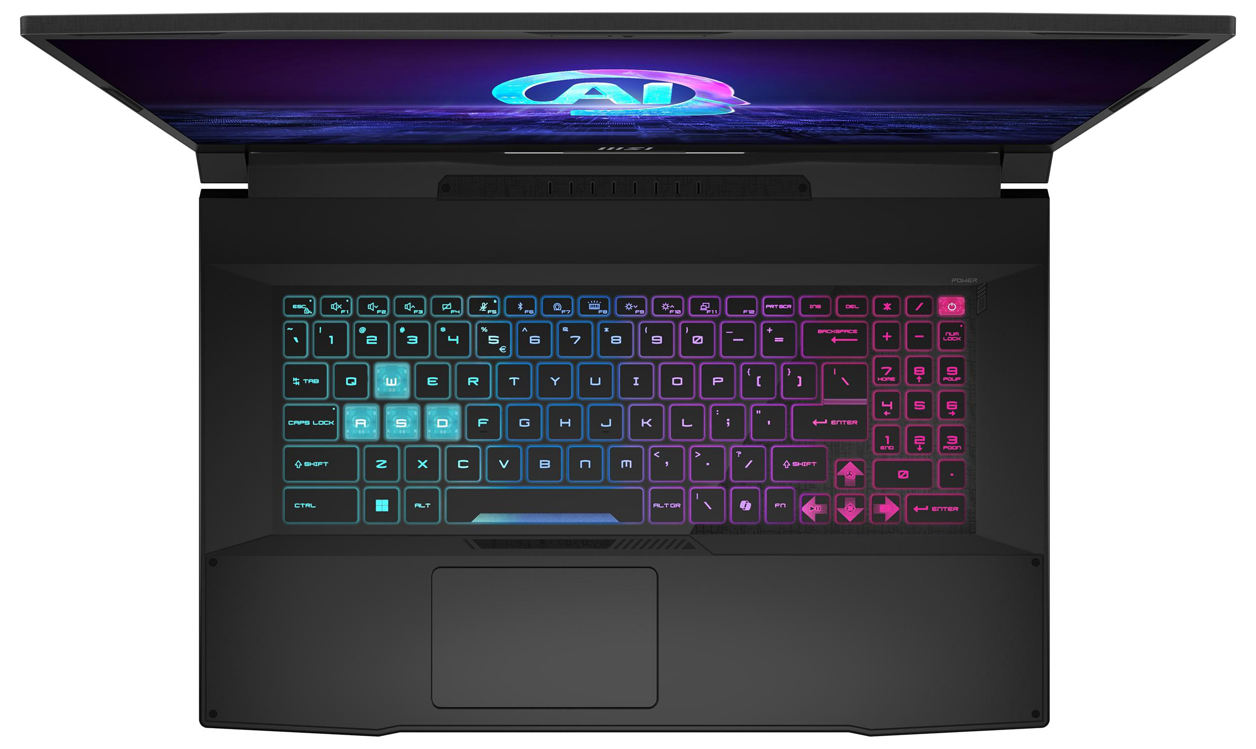 Schwarzer Laptop, offen, Tastatur mit farbigen Tasten beleuchtet, Bildschirm zeigt AI-Logo.