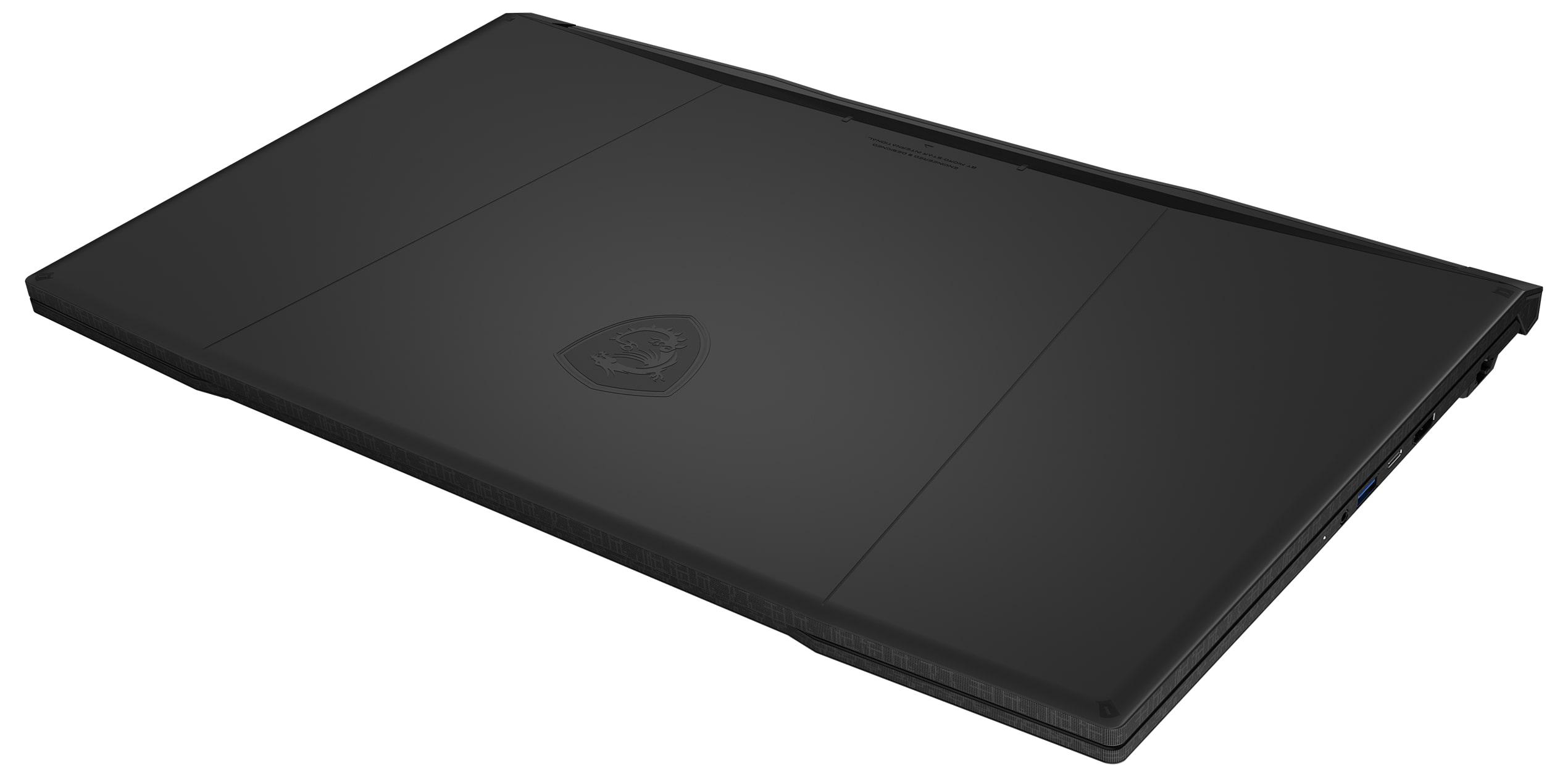 Ein geschlossener schwarzer Laptop mit dem MSI-Logo in der Mitte des Deckels.