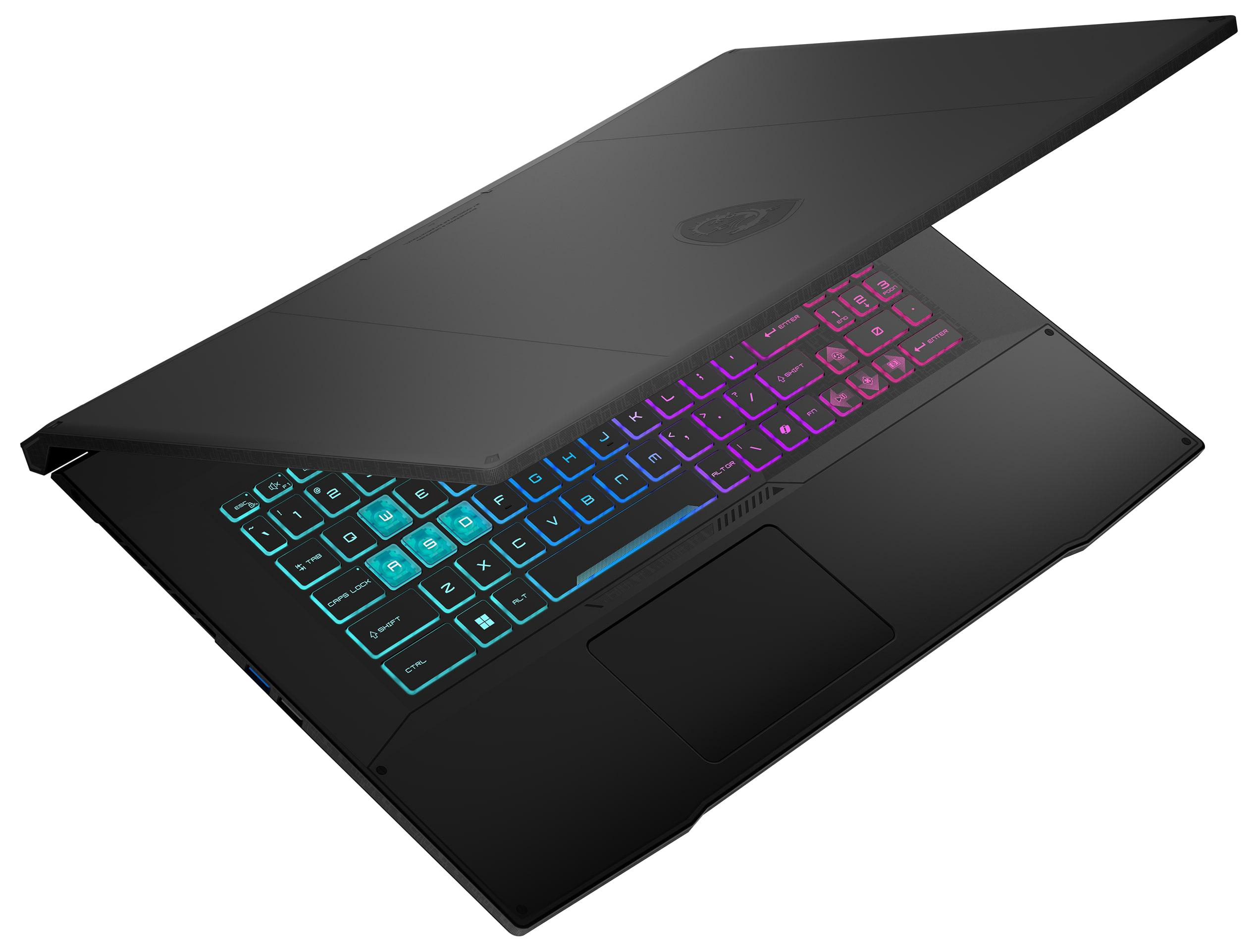 Schwarzer Laptop mit bunter, hintergrundbeleuchteter Tastatur, in einem Winkel geöffnet. Draufsicht, die die gesamte Tastatur zeigt.