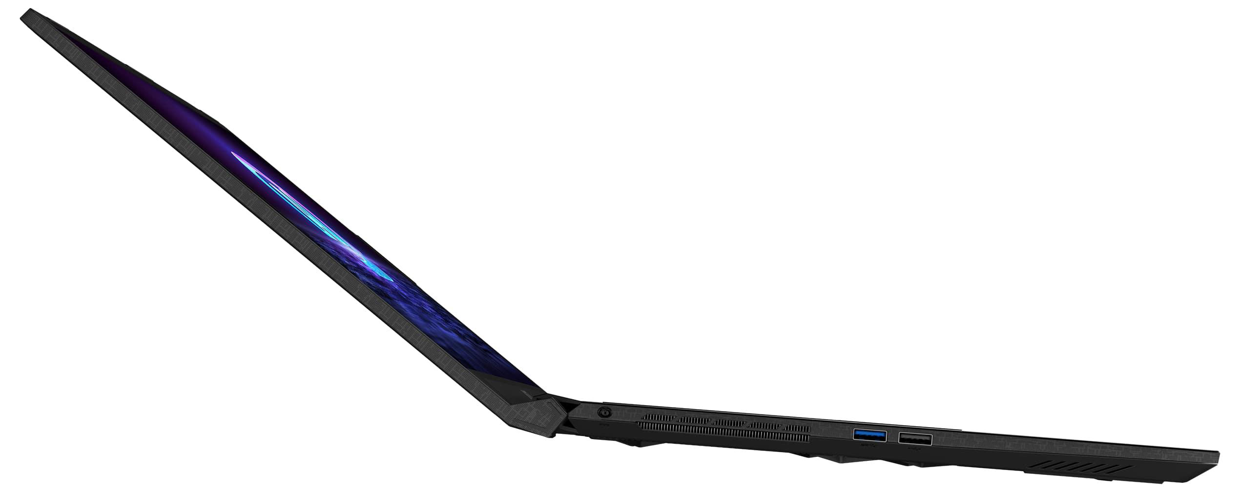 Schwarzer Laptop, Seitenansicht, leicht geöffnet, weißer Hintergrund.