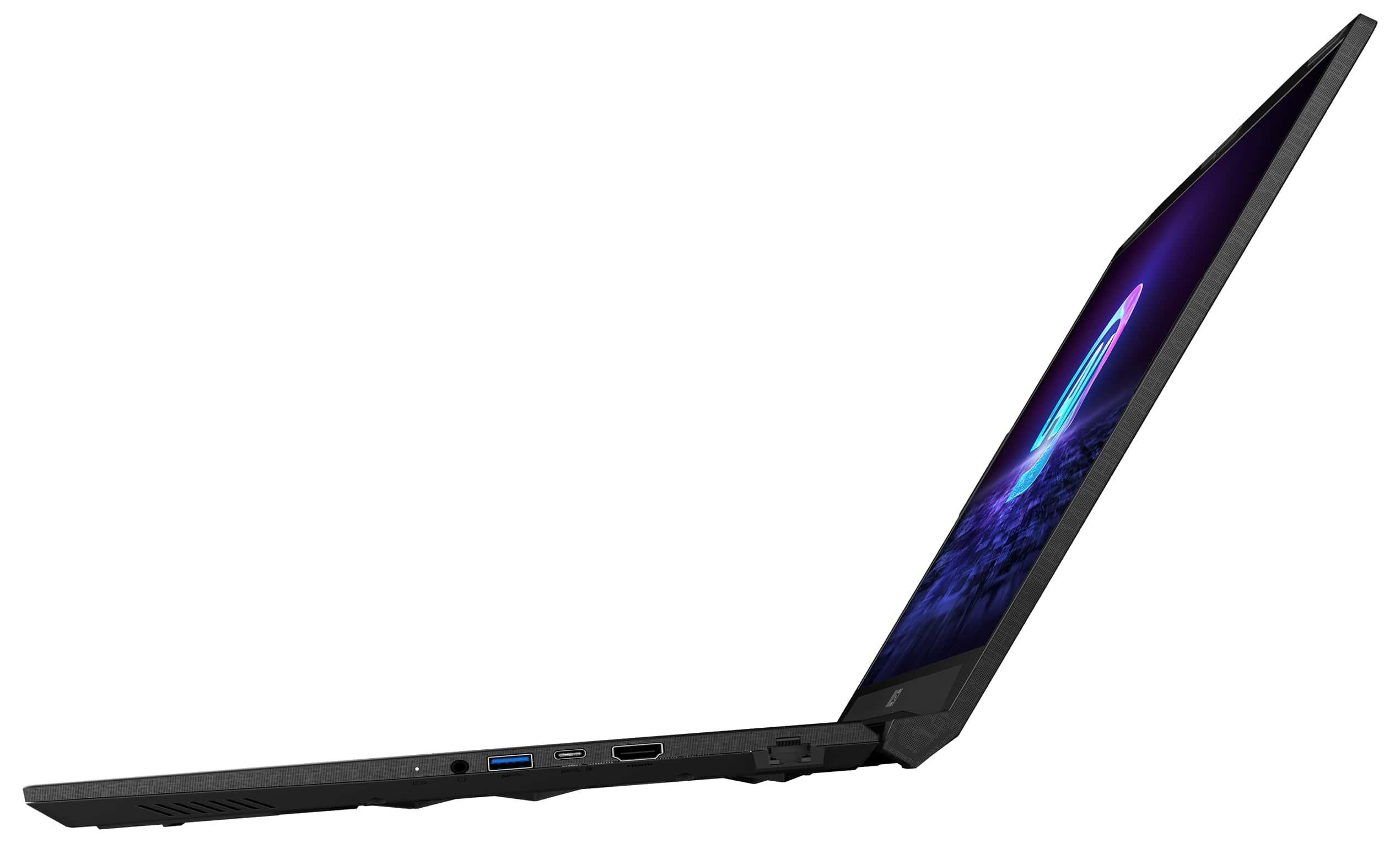 Schwarzer Laptop-Seitenansicht. Der Bildschirm zeigt blaue und lila Grafik, Anschlüsse sichtbar.