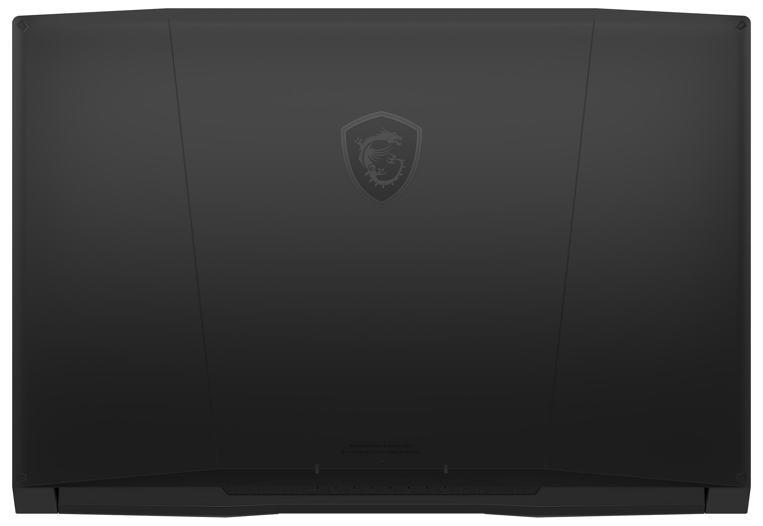 Rückansicht eines schwarzen Laptops mit dem MSI-Logo auf dem Deckel.