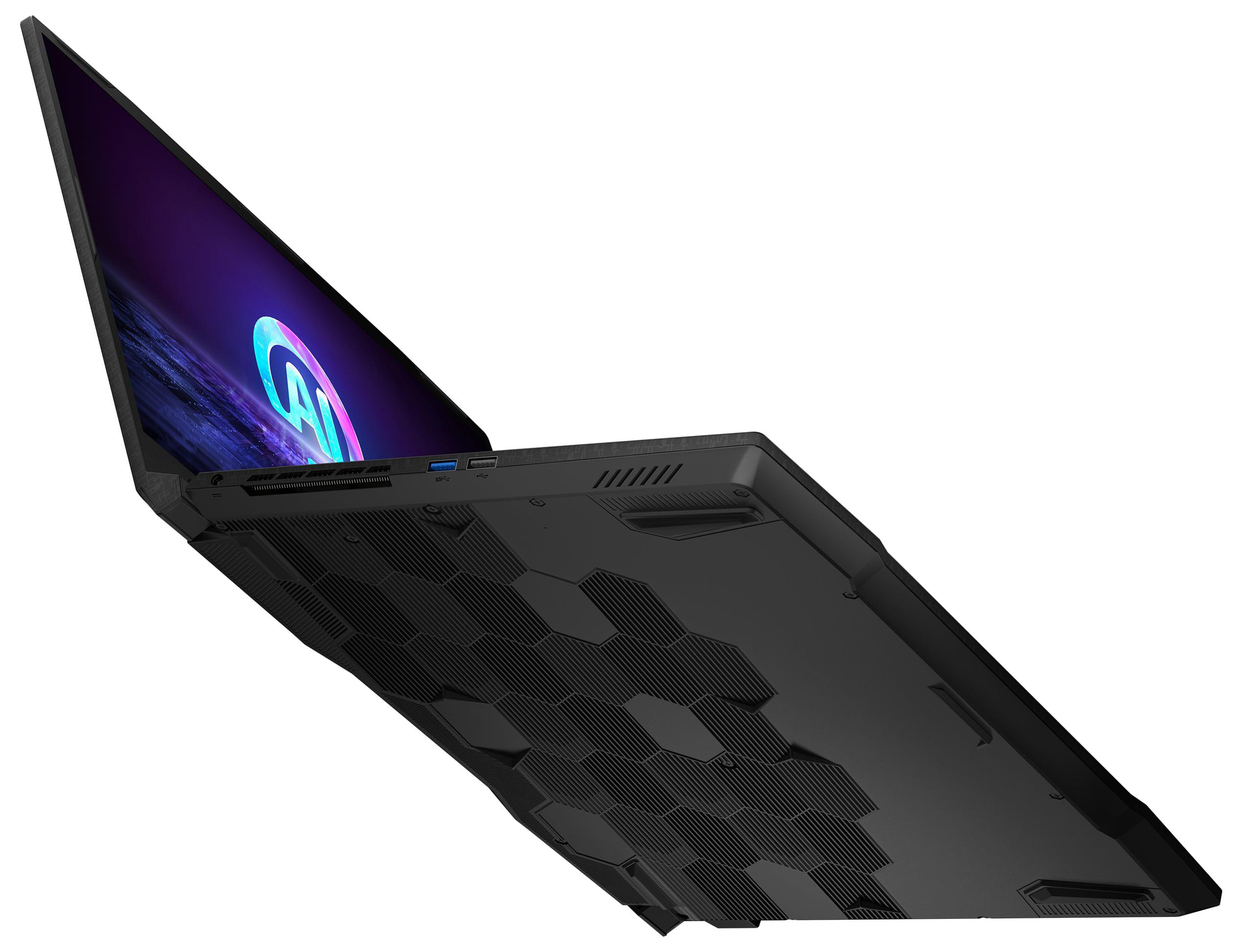 Schwarzer Laptop mit sechseckigem Muster am Boden, Bildschirm mit Logo.