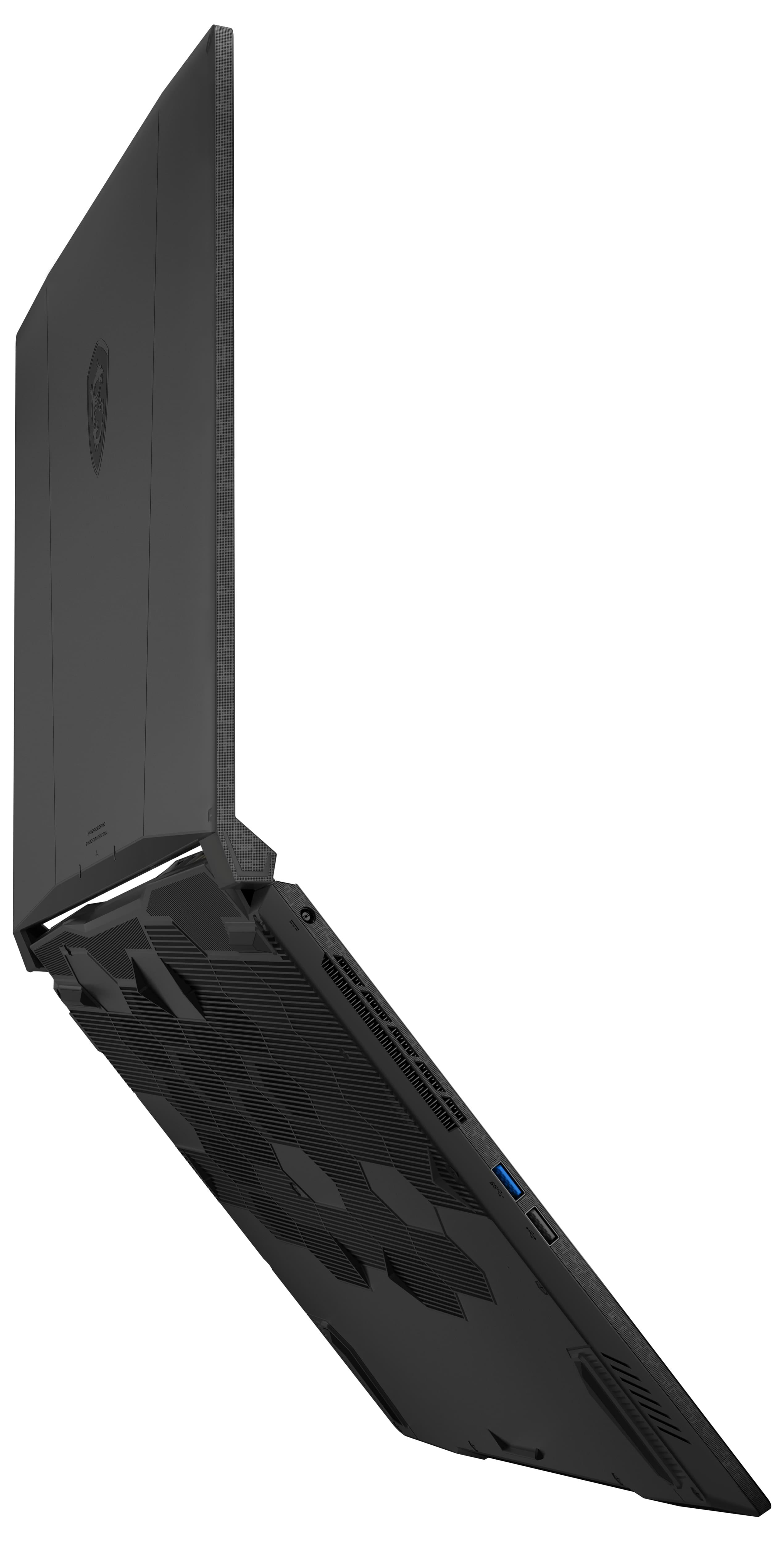 MSI Gaming-Laptop, schwarz, schräge Ansicht, Rückseite mit Lüftungsschlitzen, Anschlüssen und MSI-Logo.